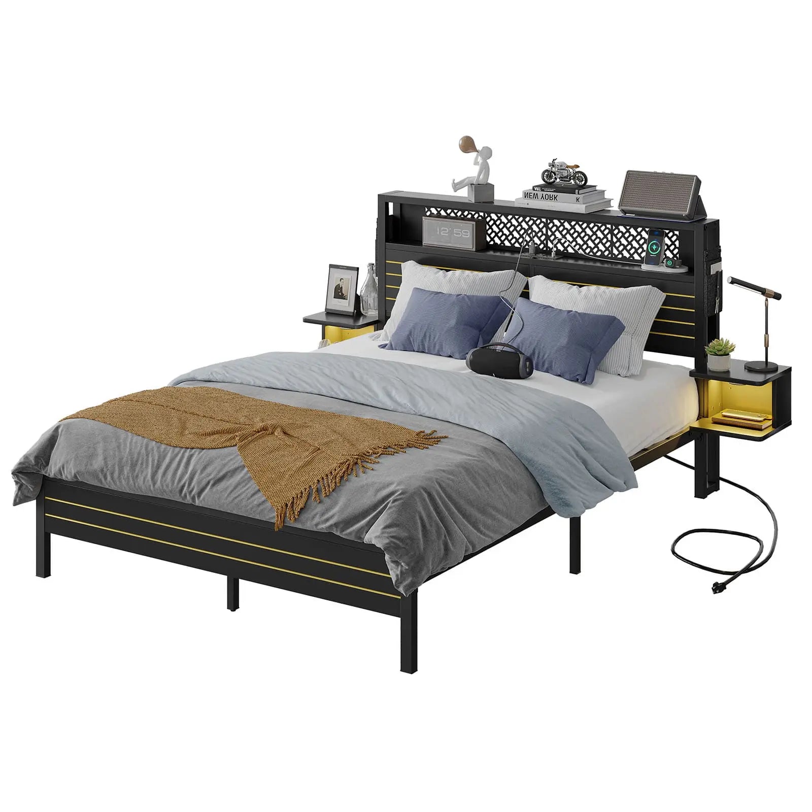 Bestier Queen Bed Frame with Horizontal Golden Stripe Storage Headboard - Modern Platform Bed with Underbed Storage - Perfect for Small Bedrooms, Guest Rooms & Apartments
