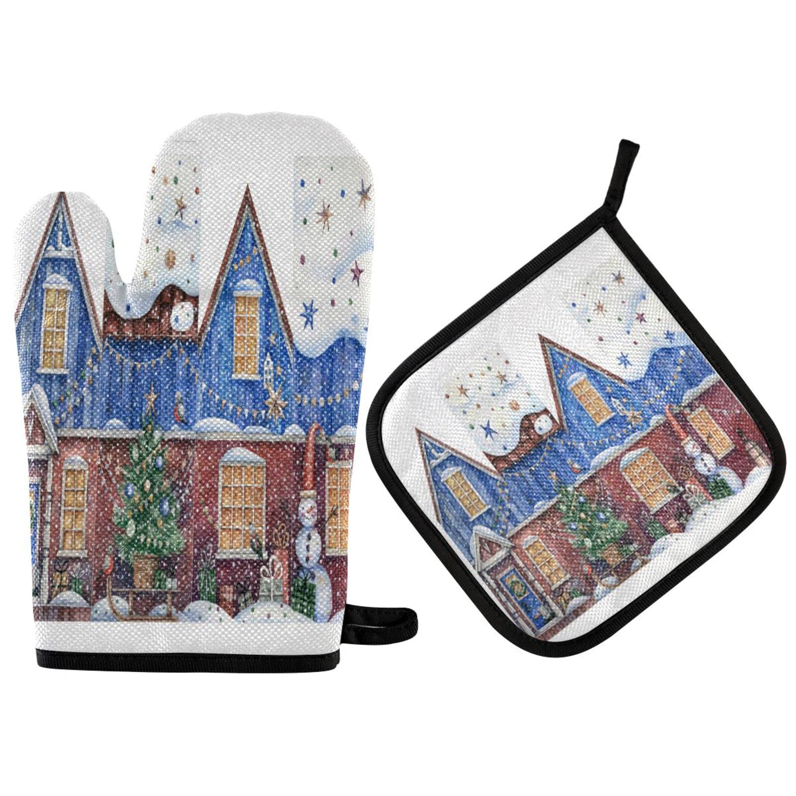 Christmas Themed Oven Mitts Set - 2PCS Heat Resistant Kitchen Gloves with Xmas Tree Stars Design for Baking, Grilling & BBQ - Perfect Holiday Gift & Decor for Home Cooking