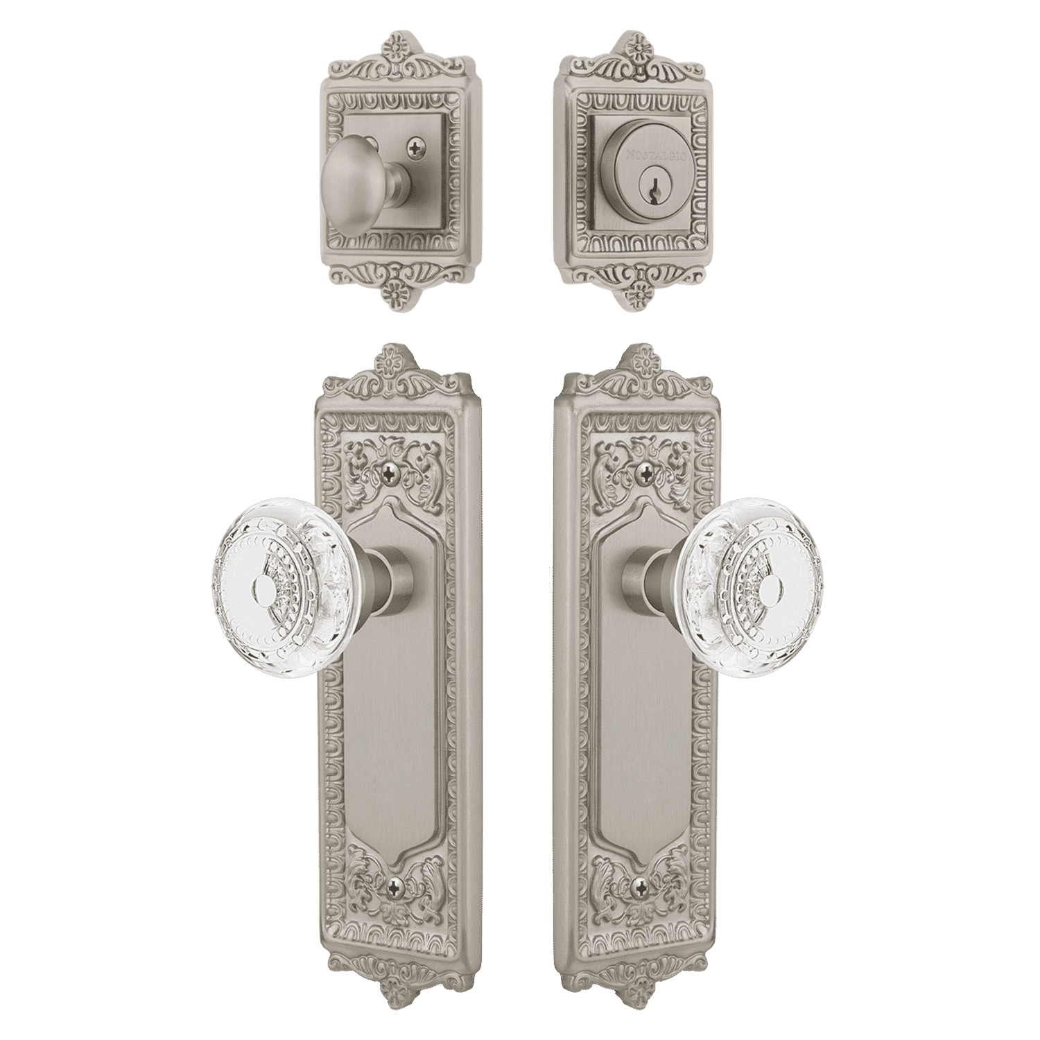 Satin Nickel Egg & Dart Entry Door Set with Crystal Knob - Elegant Hardware for Traditional & Classic Home Interiors