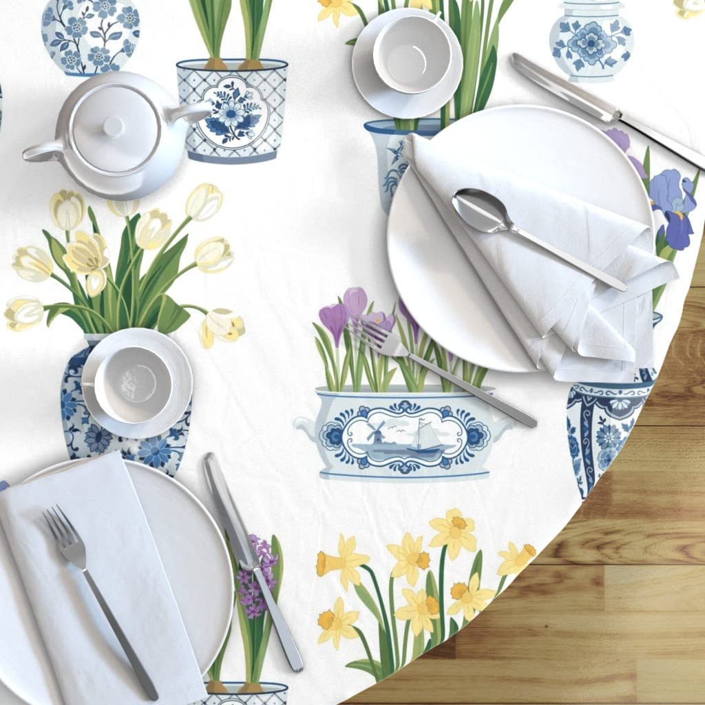 Custom Floral Chinoiserie Delft Print Cotton Sateen Tablecloth - 90 Inch Round Dining Table Cover with Tulip & Vase Design | Perfect for Wedding, Party & Home Decor