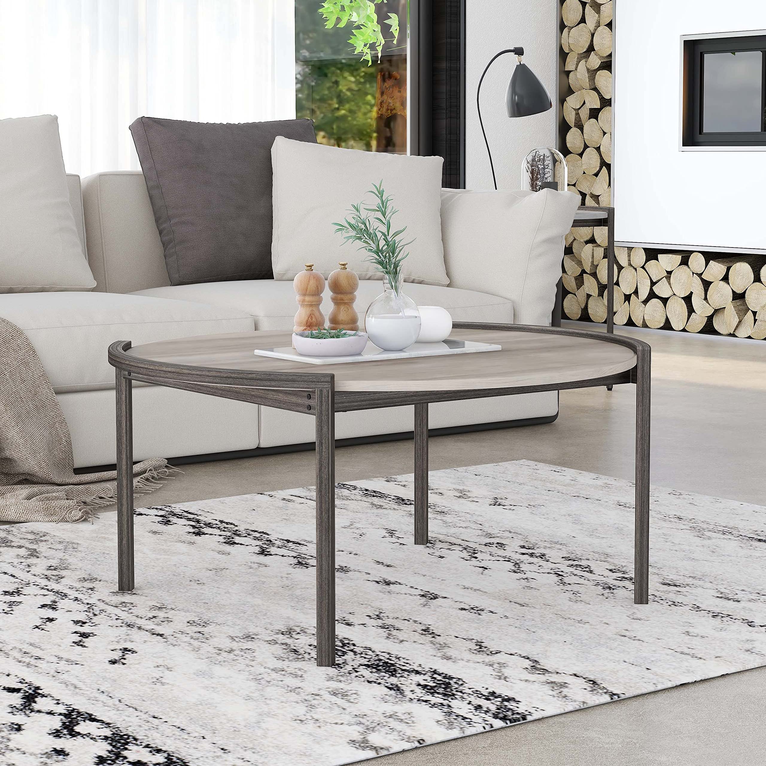 Modern Light Grey 37-inch Round Coffee Table - Contemporary Urban Design with Paperboard Steel Brushed Finish | Perfect for Living Room, Lounge & Small Space Decor