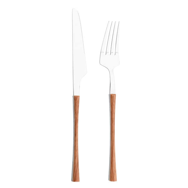 Premium 5-Piece Stainless Steel Flatware Set with Wooden Handle - Gold Cutlery for Dining, Kitchen & Entertaining - Knife, Fork & Spoon Set for Restaurants, Home & Gifts (2Pcs Wood Silver) - Elegant Dinnerware for Weddings, Parties & Everyday Use