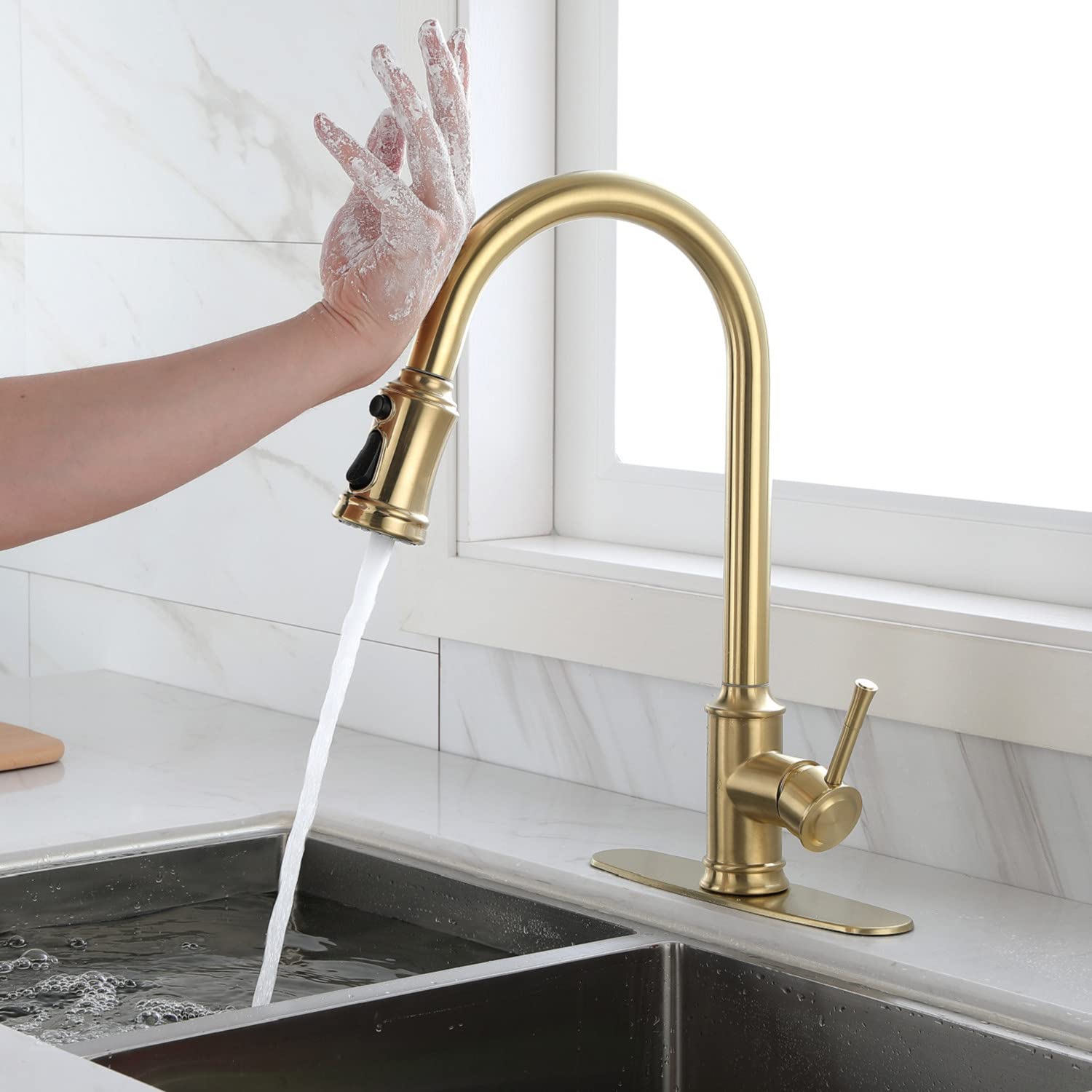 Smart Touch Kitchen Faucet with Pull Down Sprayer - Stainless Steel Touchless Sensor Faucet - Single Handle Brushed Nickel RV Sink Faucet - Perfect for Modern Kitchens, RVs & Small Spaces