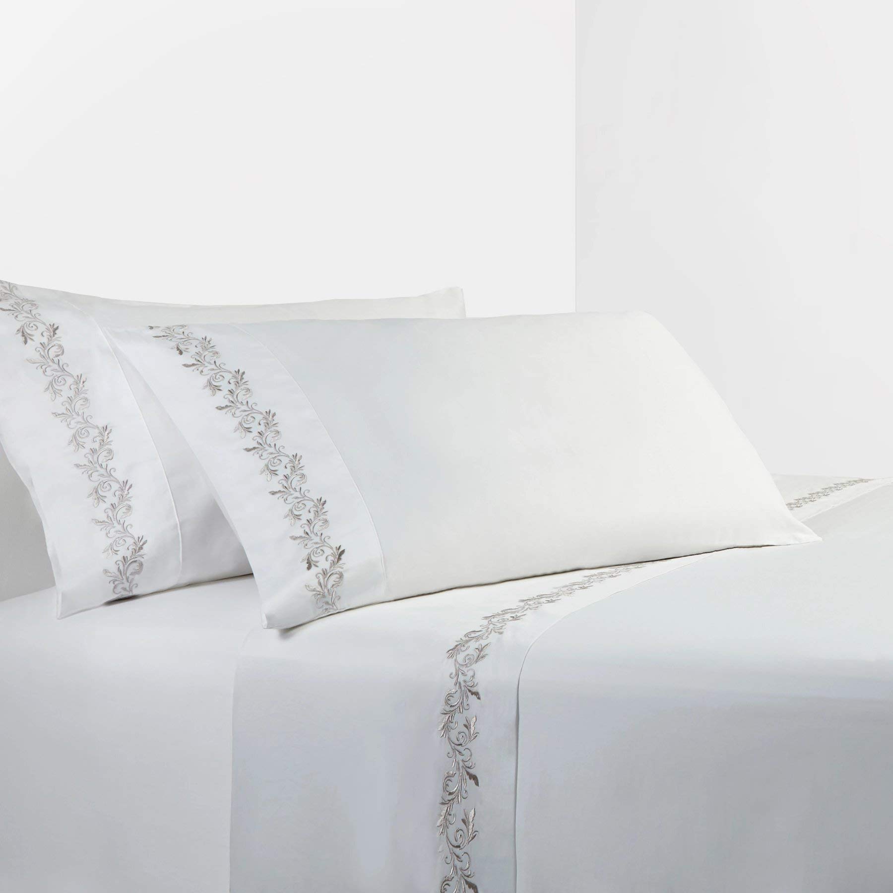 Premium 350 Thread Count 100% Cotton Queen Sheet Set - White & Gray Embroidered Scroll Design, 4-Piece Bedding (1 Flat Sheet, 1 Fitted Sheet, 2 Pillowcases) - Classic Modern Luxury for Master Bedroom, Guest Room & Airbnb Stays