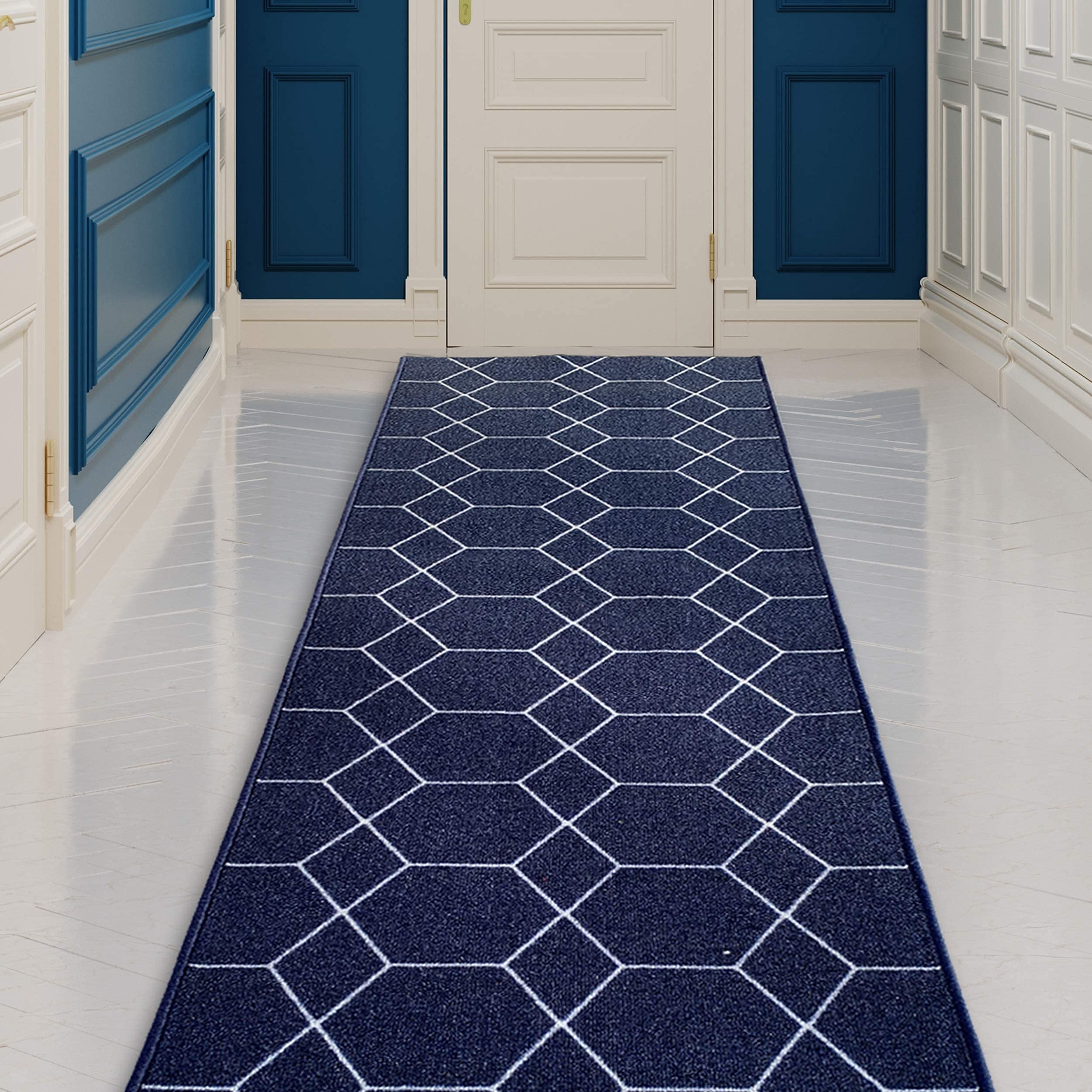 Custom Made Runner Rug for Kitchen, Foyer, Hallway, Entryway - 26 Inch Wide Geometric Lattice Design in Dark Blue - Choose Your Length (26 feet x 26 inch) - Perfect for High Traffic Areas, Home Decor & Modern Interior Design