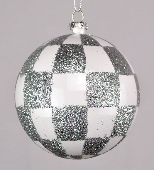 4 Pack Silver & White Checkered Christmas Ball Ornaments with Glitter - Elegant Holiday Tree Decorations for Xmas, Parties, and Festive Home Decor