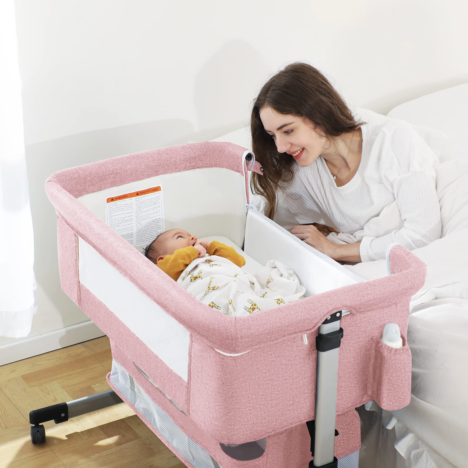 Ihoming Baby Bassinet Bedside Sleeper - Portable Folding Crib with Storage Basket, Adjustable Height for Newborns & Infants, Pink | Safe Nursery Bed for Co-Sleeping, Bedroom & Travel Use