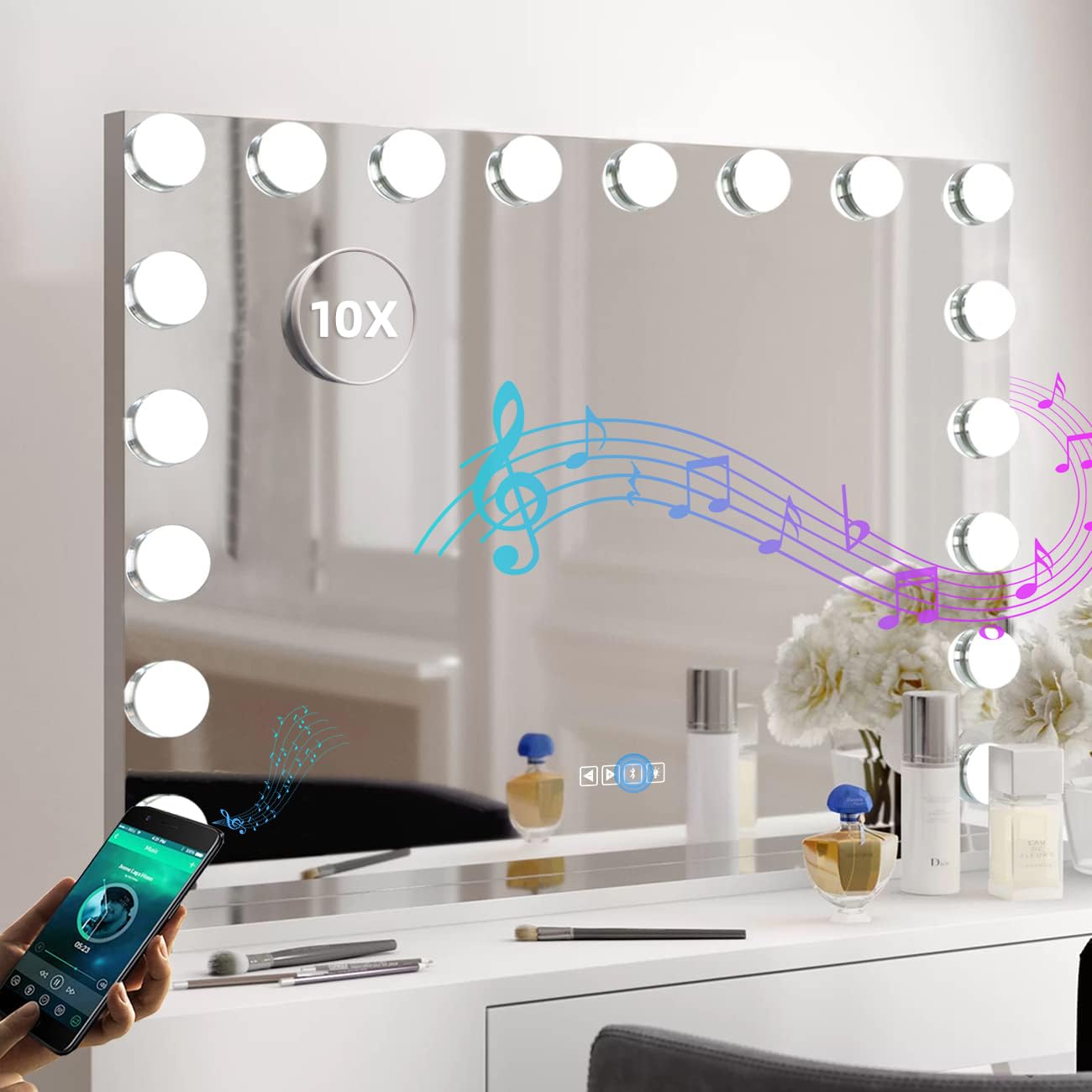 Fenair Large Hollywood Vanity Mirror with Lights & Bluetooth Speaker - 18 Dimmable LED Bulbs, 3 Color Modes, USB Charging Port - Perfect for Makeup, Skincare, Dressing Room & Salon Use