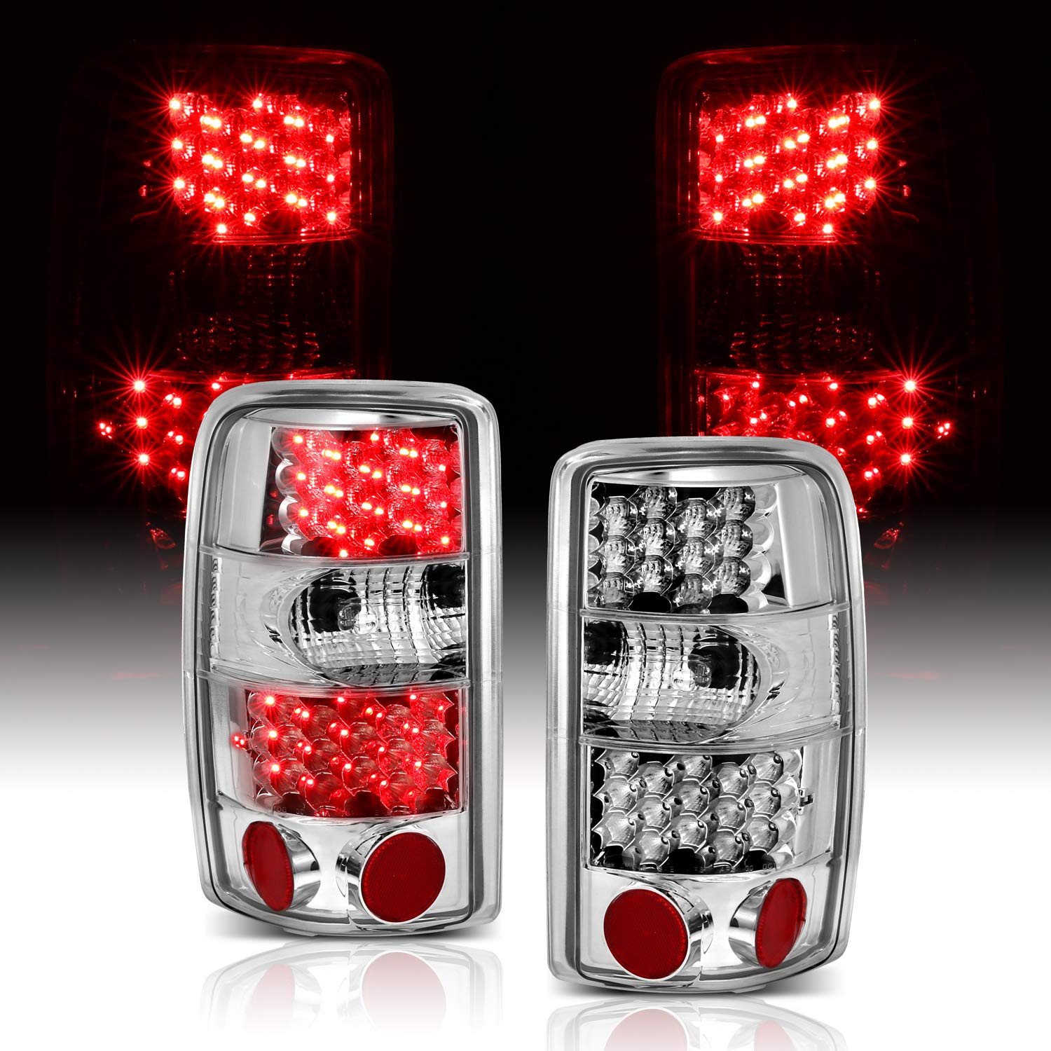 AmeriLite LED Brake Tail Lights for 2000-2006 Chevy Tahoe Suburban & GMC Yukon - Chrome Replacement Set with Bulb Harness (Driver & Passenger Side) - Enhanced Night Visibility & Style Upgrade for Trucks & SUVs
