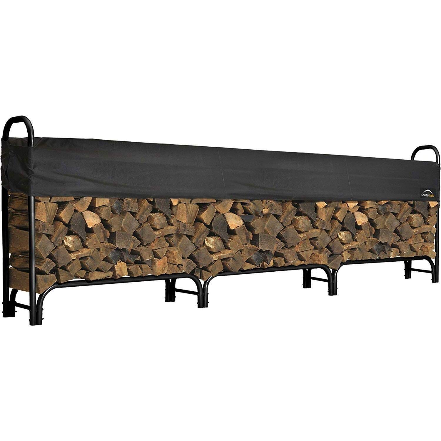 ShelterLogic Heavy Duty Adjustable Firewood Rack - Outdoor Wood Storage for Fireplace, Patio, and Backyard - Weather Resistant Steel Log Holder for Camping, BBQ, and Winter Season