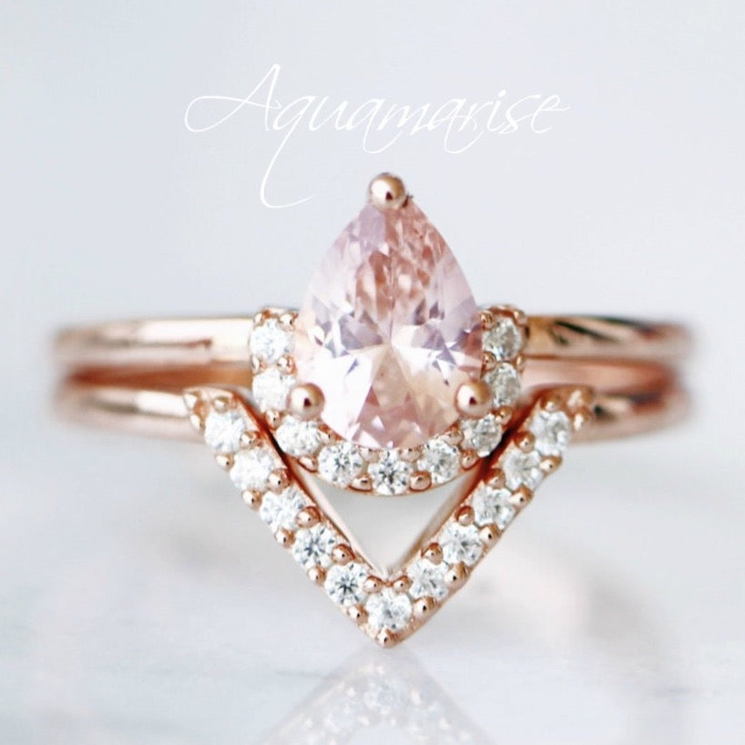 Aria Morganite Ring Set 14K Rose Gold Vermeil - Elegant Stackable Rings for Women, Perfect for Engagement, Wedding, Anniversary & Everyday Wear