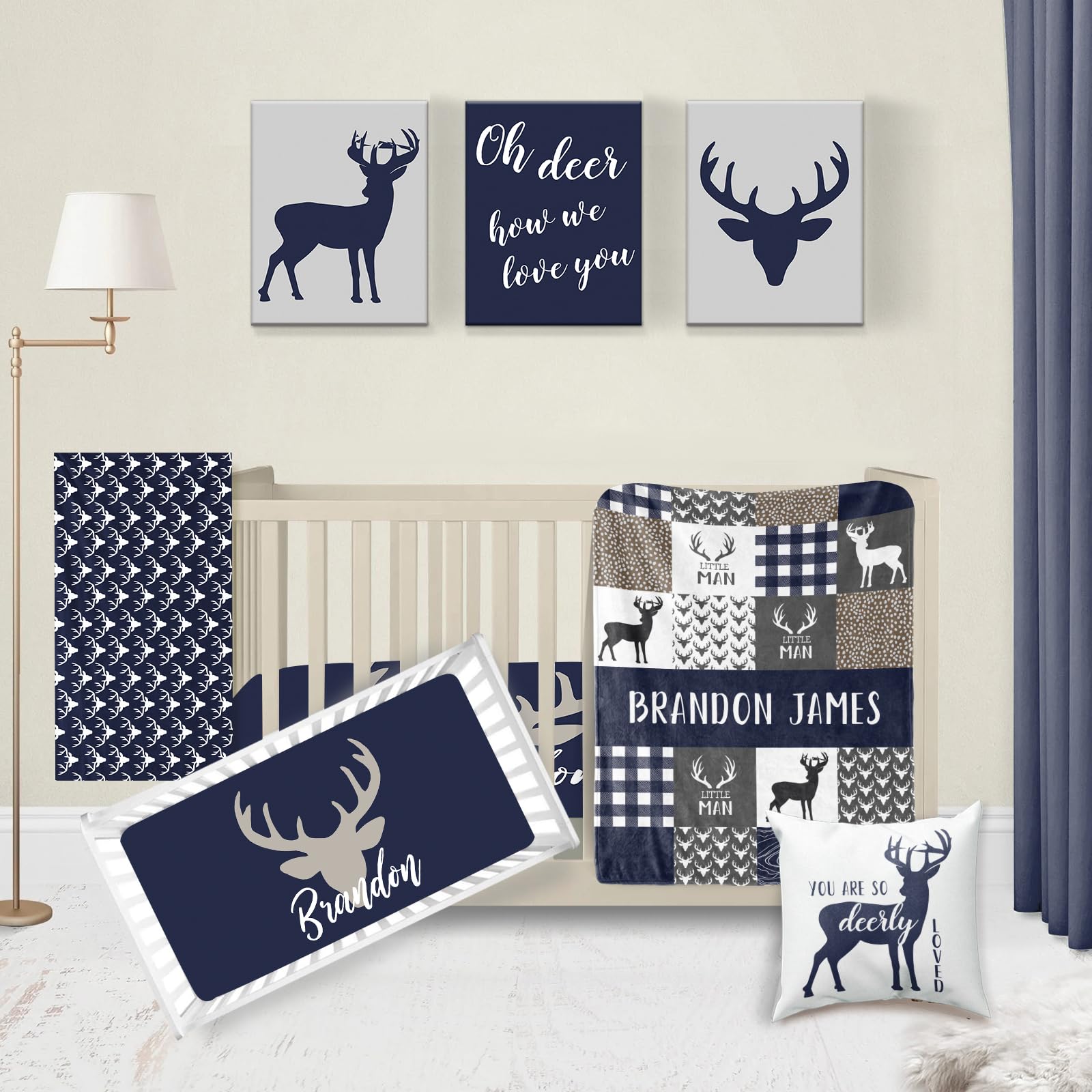 Custom Personalized Woodland Deer Baby Crib Bedding Set - 5 Piece Nursery Set with Name Embroidery for Boys & Girls - Soft Navy Blue Forest Theme Crib Sheets, Blanket & Decor - Perfect for Newborn Gifts & Nursery Room Decorations