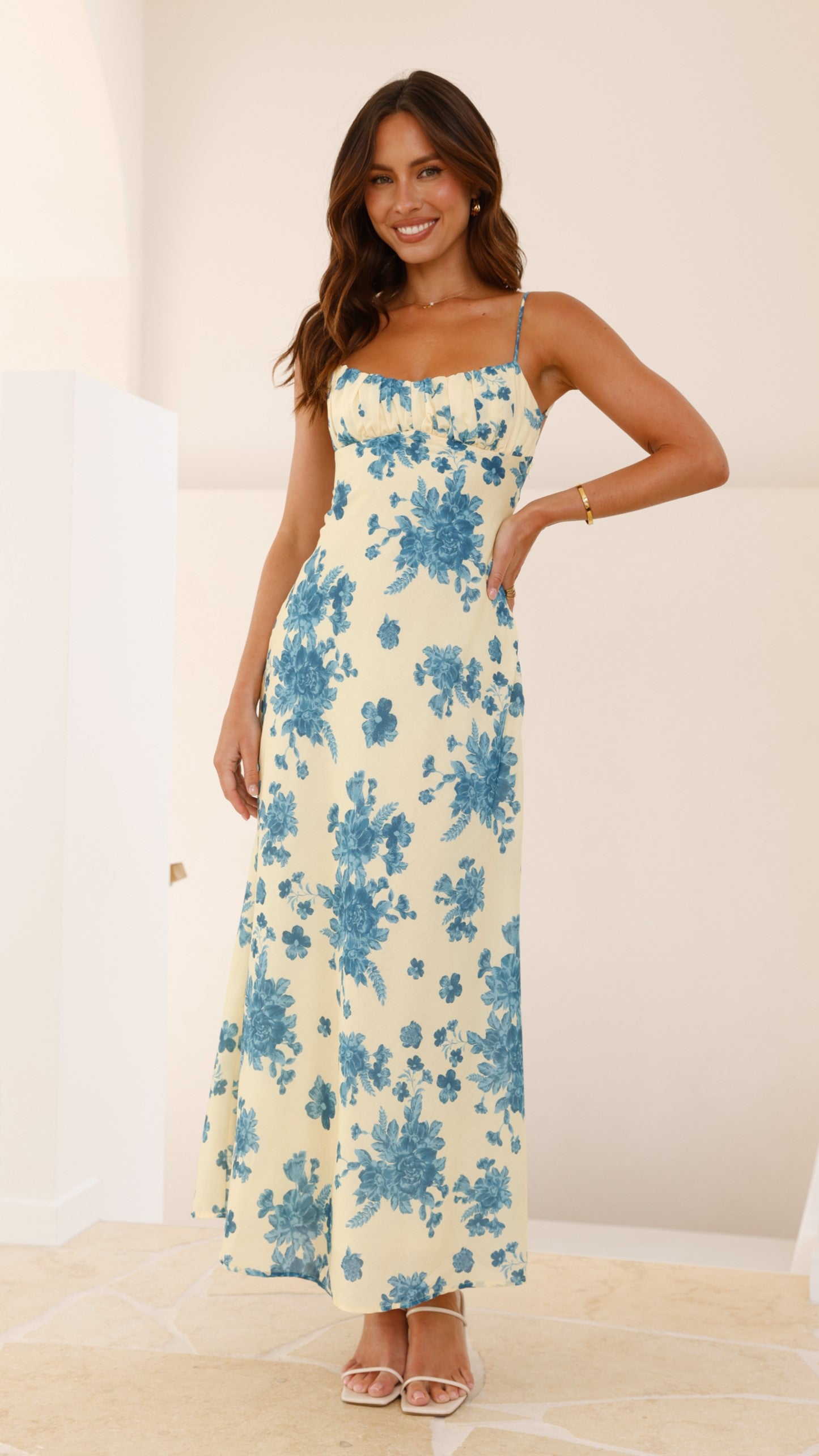 Margie Midi Dress - Floral Print Summer Dress in Yellow & Blue | Casual Wear, Beach Outfit, Party Dress for Women