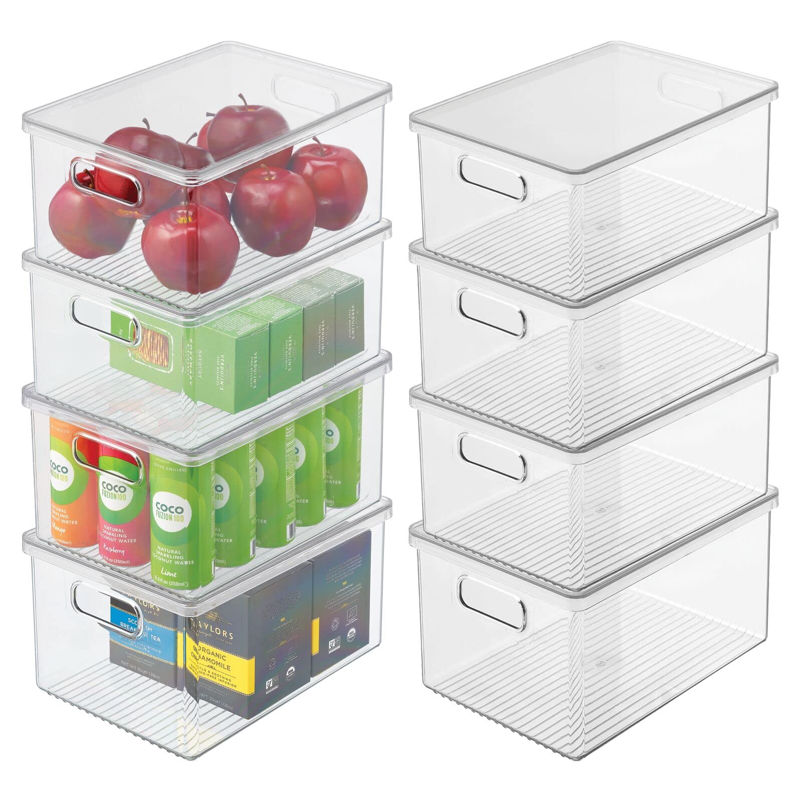mDesign Plastic Storage Bin Box with Lid - 8 Pack Clear Ligne Collection - Built-In Handles for Easy Organization | Perfect for Kitchen Pantry, Cabinet, Cupboard Storage - Ideal for Fruits, Snacks, Food & Household Items