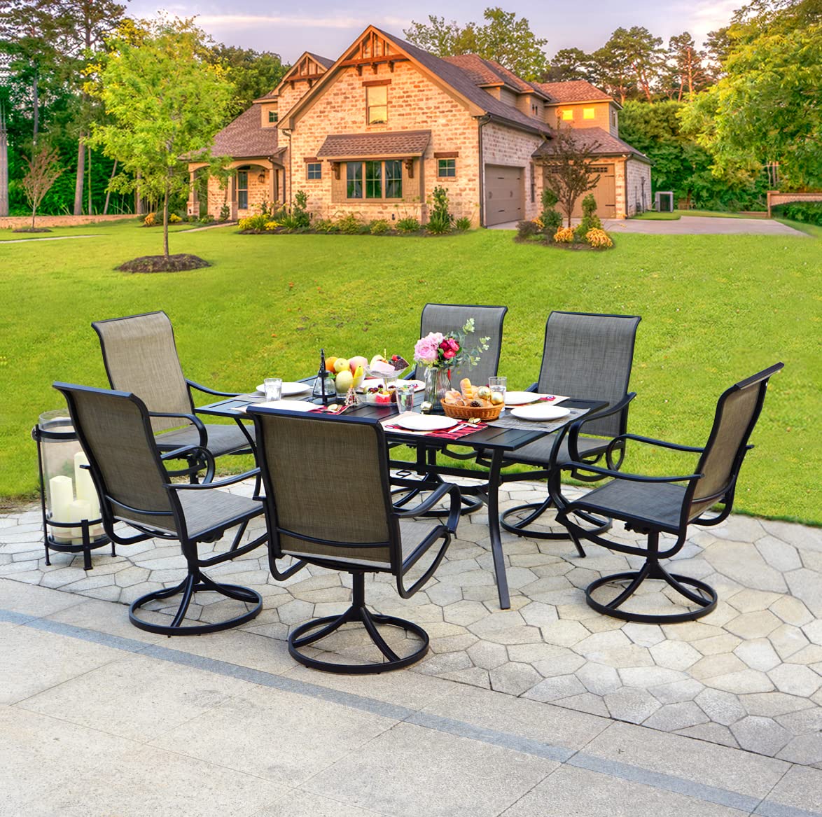 MEOOEM 7-Piece Outdoor Patio Dining Set with 6 Swivel Chairs & Rectangle Metal Table (1.57