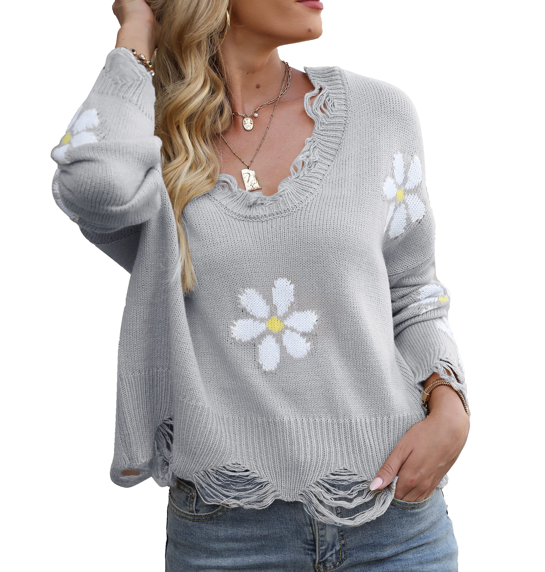 Women's Ripped Knit Sweater - Long Sleeve Daisy Emoji Pullover Crop Top Jumper | Casual Chic Outfit for Fall & Winter Fashion