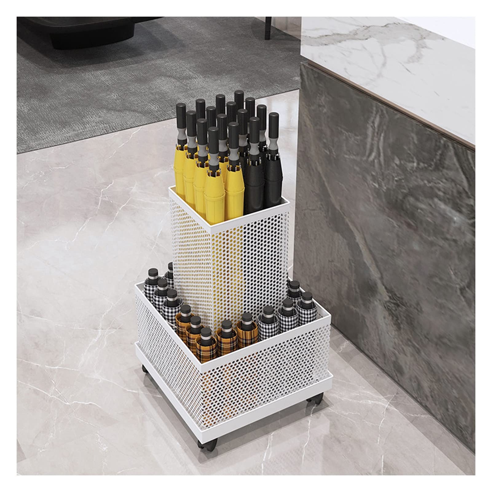 Large Capacity Rolling Umbrella Stand - Modern Metal Umbrella Organizer with Wheels for Long & Short Umbrellas - White Storage Bucket for Business, Hotel, Office & Home Entryway Use