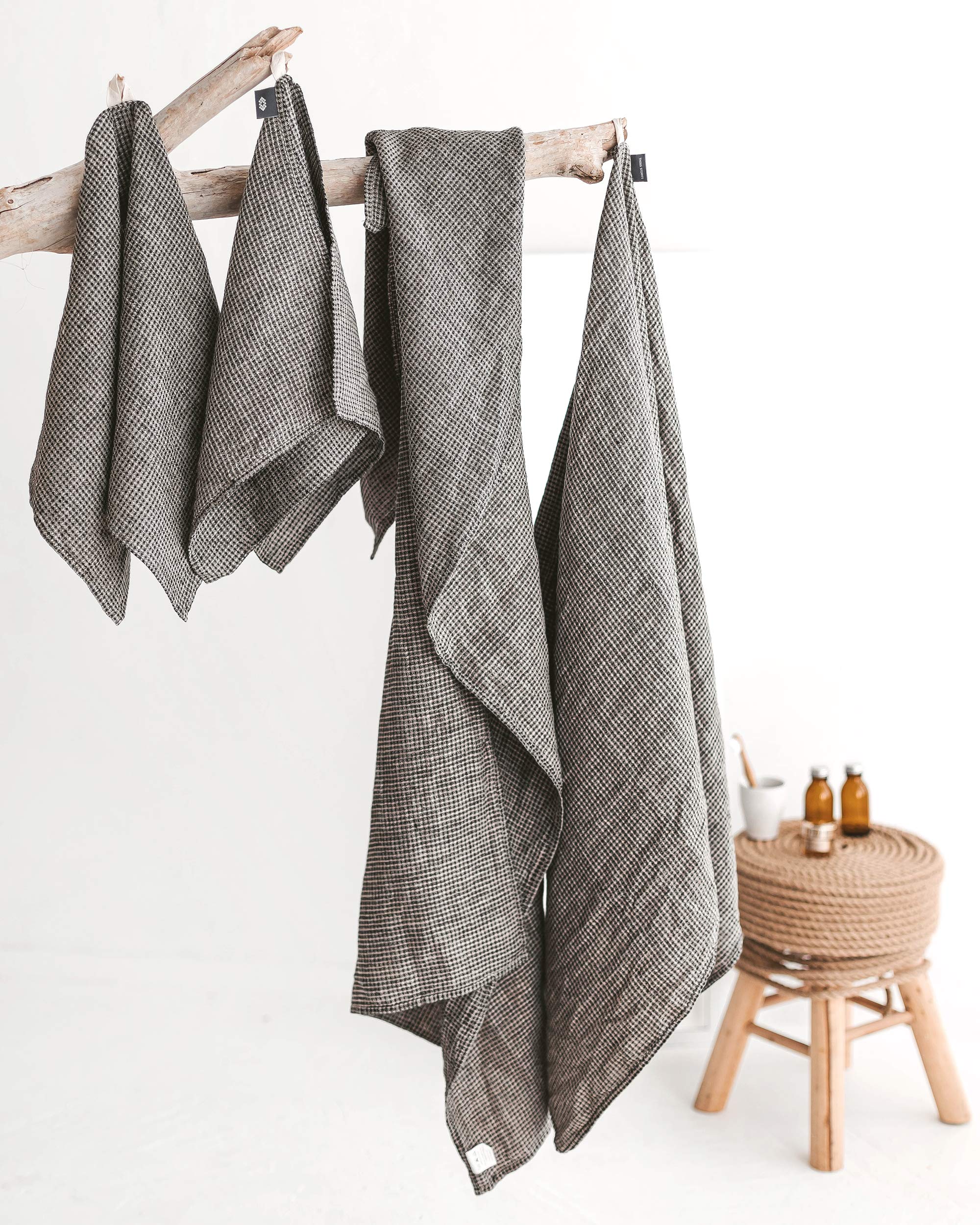 Premium 100% European Flax Linen Waffle Towel Set - 4-Piece Bath & Hand Towels (2 Bath + 2 Hand) - Ultra Absorbent, Quick-Dry, Pre-Washed - Black & Natural - Perfect for Spa, Bathroom & Luxury Home Use