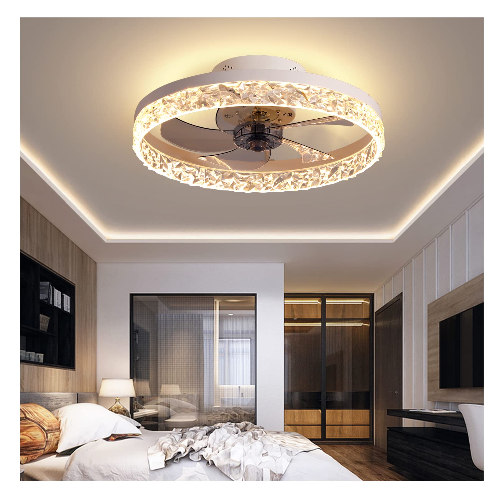 GWDZ 20'' Low Profile Bladeless Ceiling Fan with LED Light - Remote Control, 3 Color Temperatures, 6 Speed Settings, Reversible Flush Mount, 30W Modern Design for Living Room & Bedroom (White) - Perfect for Small Spaces and Energy-Efficient Home Cooling