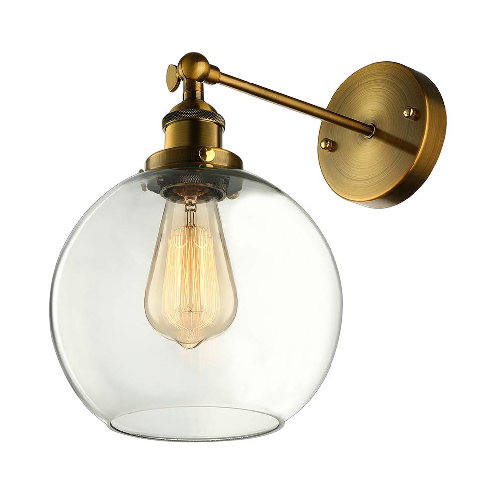 Industrial Single Light Glass Wall Sconce - LITFAD LED Edison Bulb Fixture with Antique Clear Glass Globe Shade for Bedroom, Living Room, Hallway & Restaurant Lighting Decor