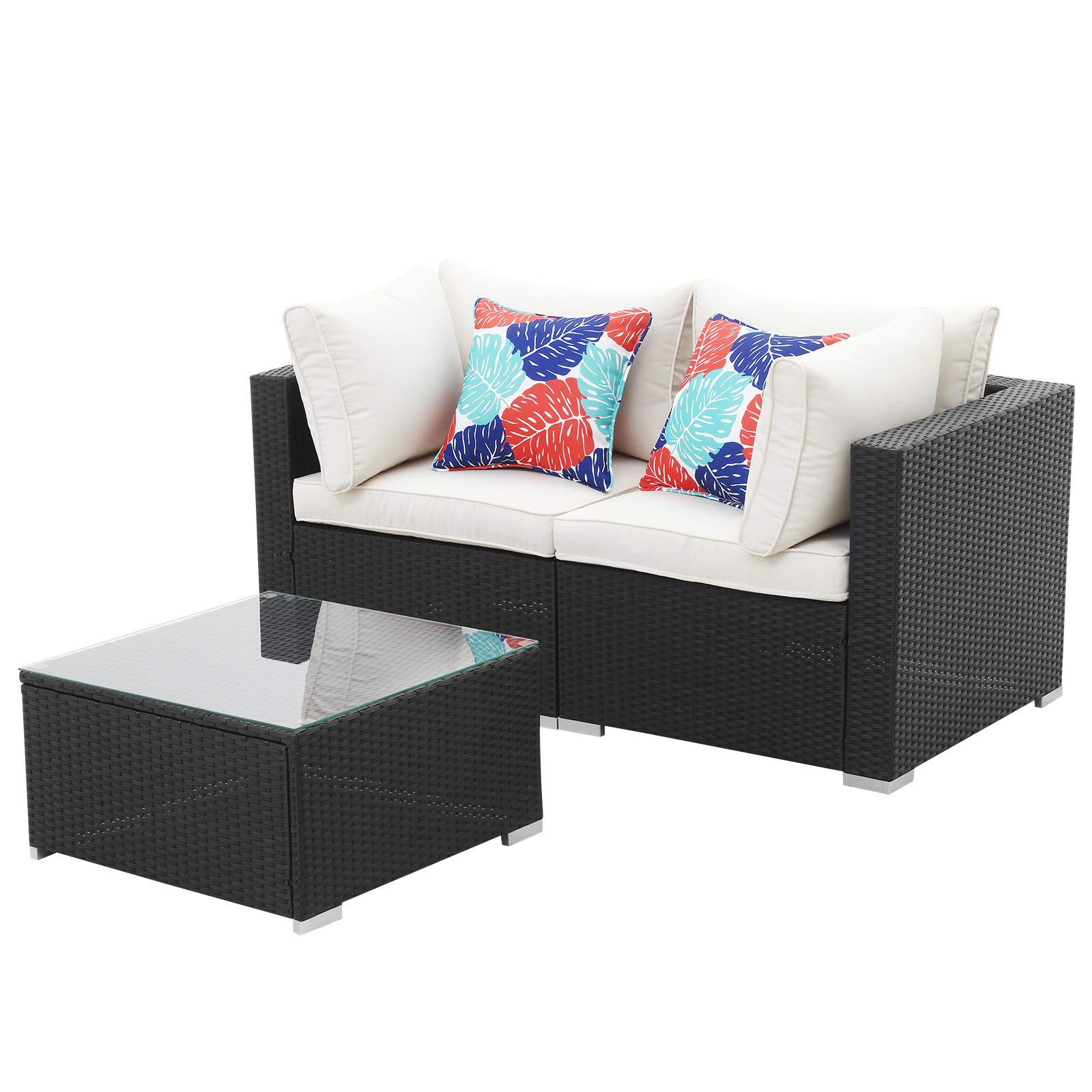 Premium 3-Piece PE Rattan Patio Furniture Set with Washable Beige Cushions & Tempered Glass Tabletop - Outdoor Garden, Balcony, Poolside Lounge Set for Relaxing & Entertaining
