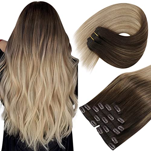 Sunny Clip-In Ombre Human Hair Extensions – 18in 7pcs Dark Brown Balayage to Light Ash Brown | Invisible Remy Hair Wefts for Natural Volume & Length | Perfect for Weddings, Parties & Everyday Styling