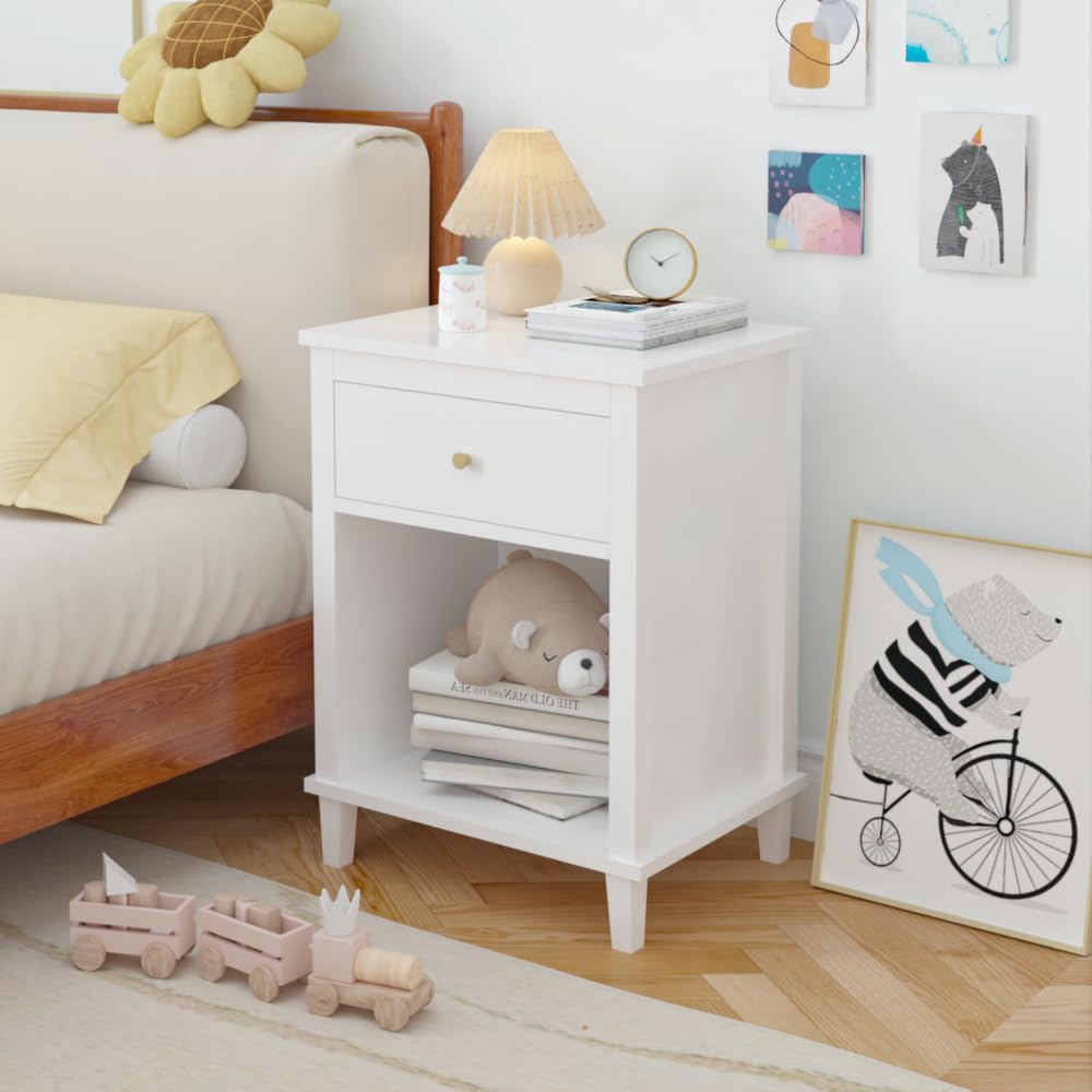 Modern Kids Nightstand with Drawer & Open Shelf - Wooden Toddler Bedside Table for Boys & Girls - White Nursery & Bedroom Storage Furniture - Perfect for Bedrooms, Playrooms & Kids' Rooms