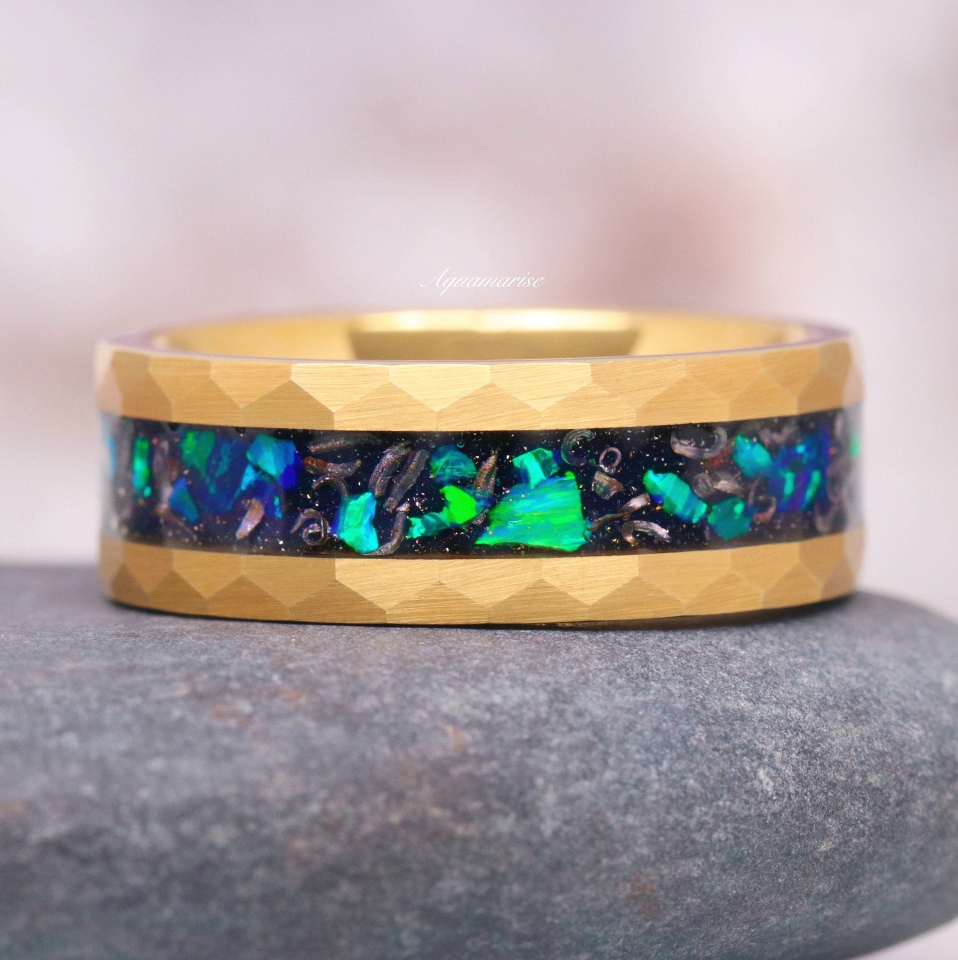 8MM Gold Tungsten Wedding Band with Fire Opal & Meteorite Inlay - Elegant Starry Night Design for Men & Women - Perfect for Anniversaries, Engagements, and Special Occasions