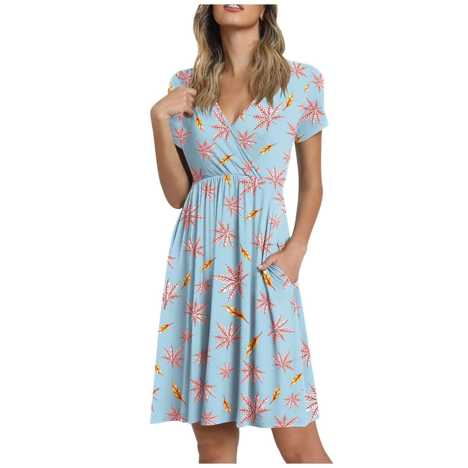 Eaktool Women's Casual Summer Dress - Loose Fit Solid Color V-Neck Short Sleeve Party & Everyday Wear - Perfect for Beach Outings, Brunch Dates and Office Casual Fridays