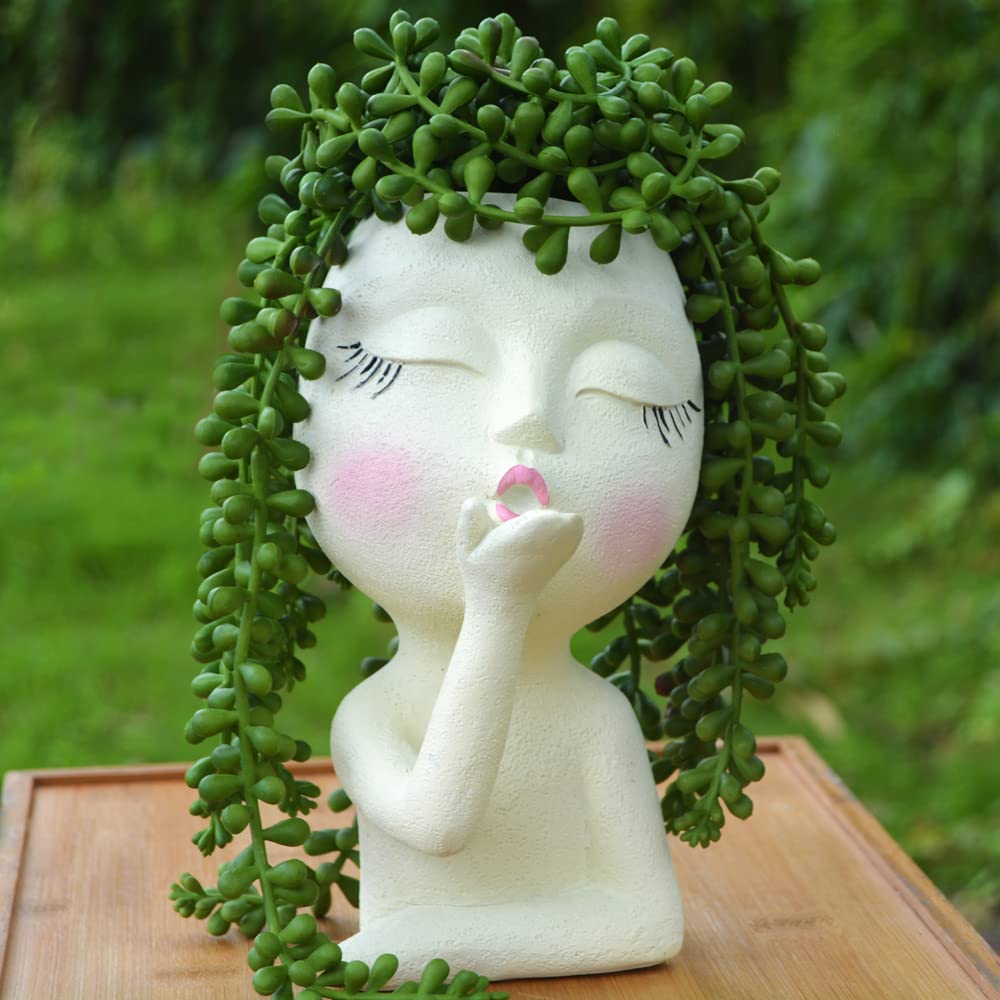 LovTocTic Resin Head Planter - Small Cream Face Flower Pot for Succulents, Indoor & Outdoor Plants | Decorative Female Art Vase, Statue Planter for Home, Office, Garden Decor