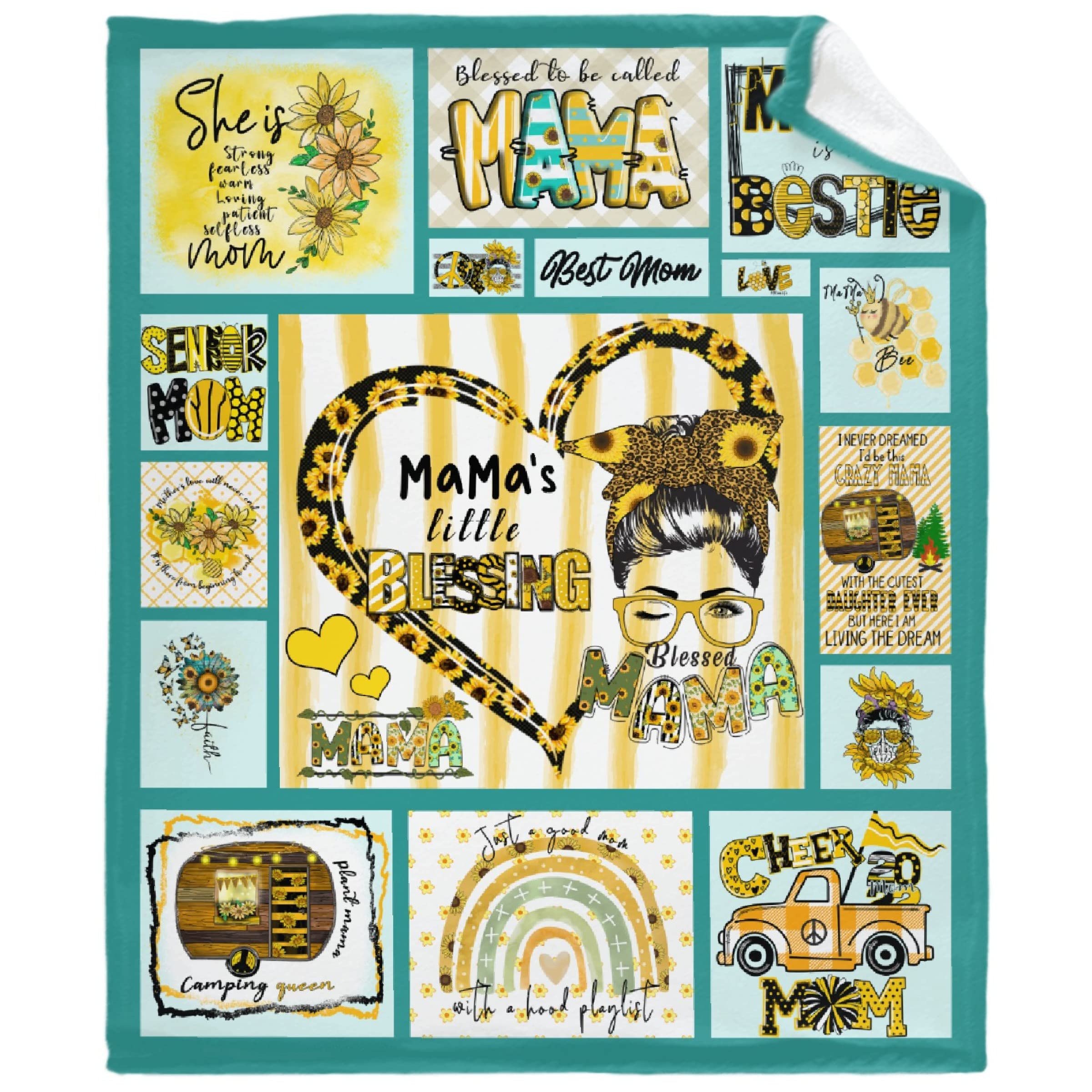 Blessed Mama Bee Sunflower Flannel Throw Blanket - Extra Large 120x90 Inches - Ultra Soft & Warm Cozy Blanket for Bed, Couch, Sofa - Funny Printed Home Decor Gift for Women, Mom, Family - Perfect for Winter Nights, Movie Time & Room Decoration