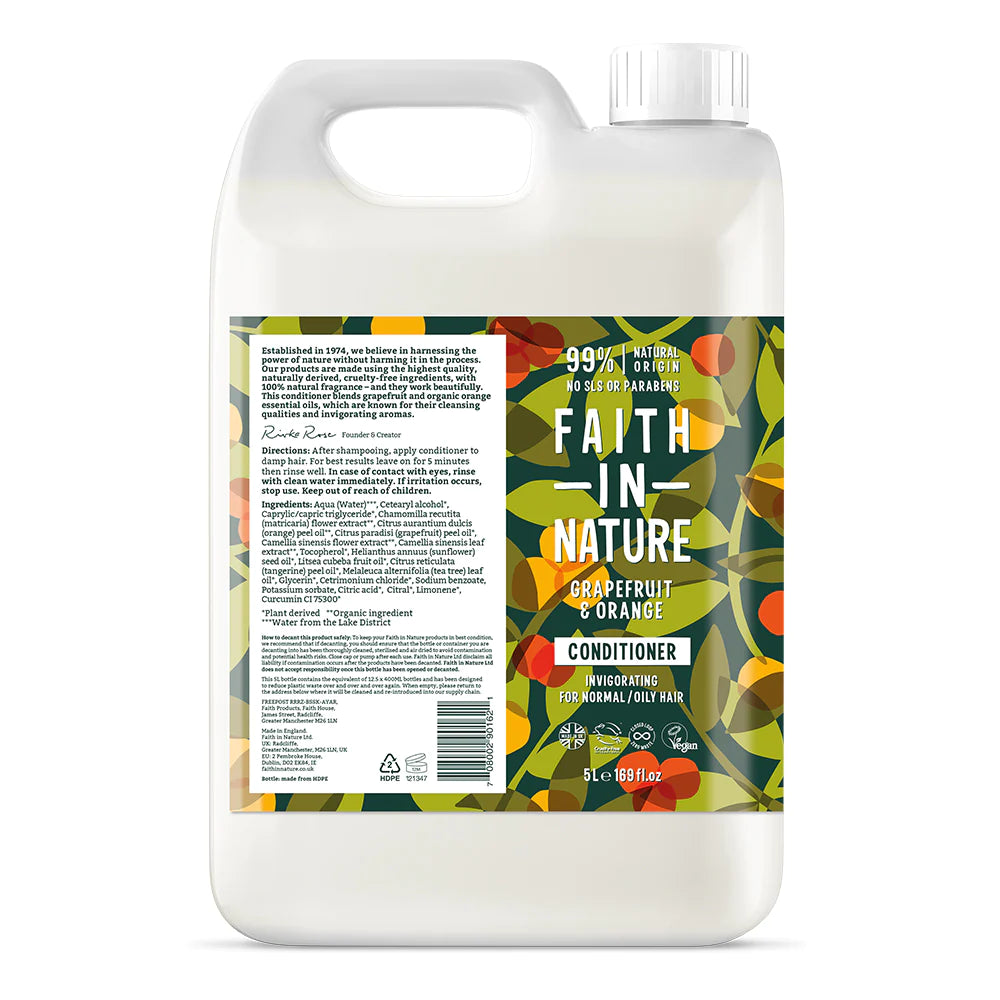 Faith In Nature Grapefruit & Orange Conditioner Refill - 5L Natural Hair Care for Dry & Damaged Hair - Perfect for Salons, Spas & Eco-Conscious Homes