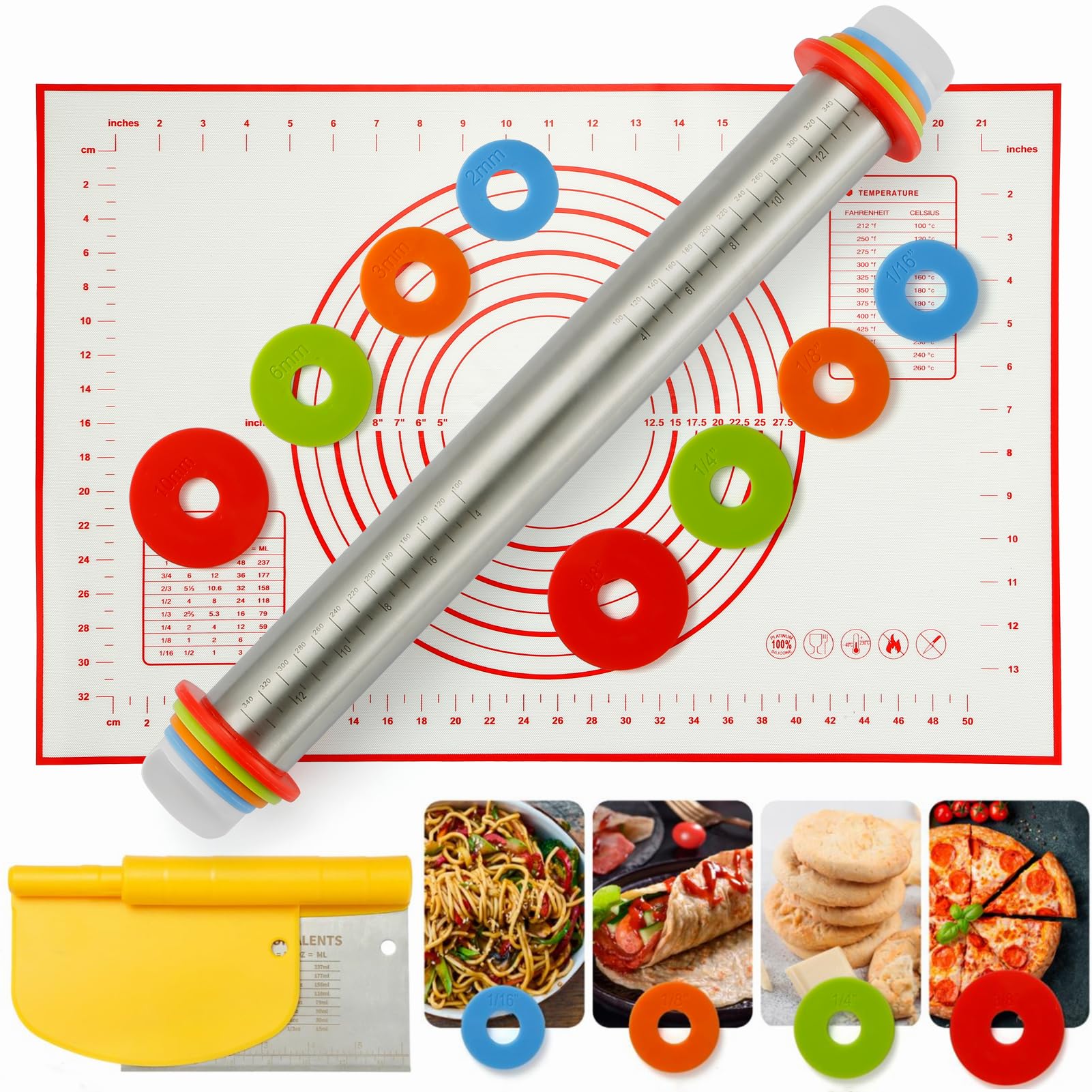 Premium Stainless Steel Rolling Pin with Thickness Rings & Silicone Baking Mat Set - Perfect for Baking Cookies, Pies, Pasta, Pizza Dough & Pastries - Essential Kitchen Tool for Home Bakers & Professional Chefs