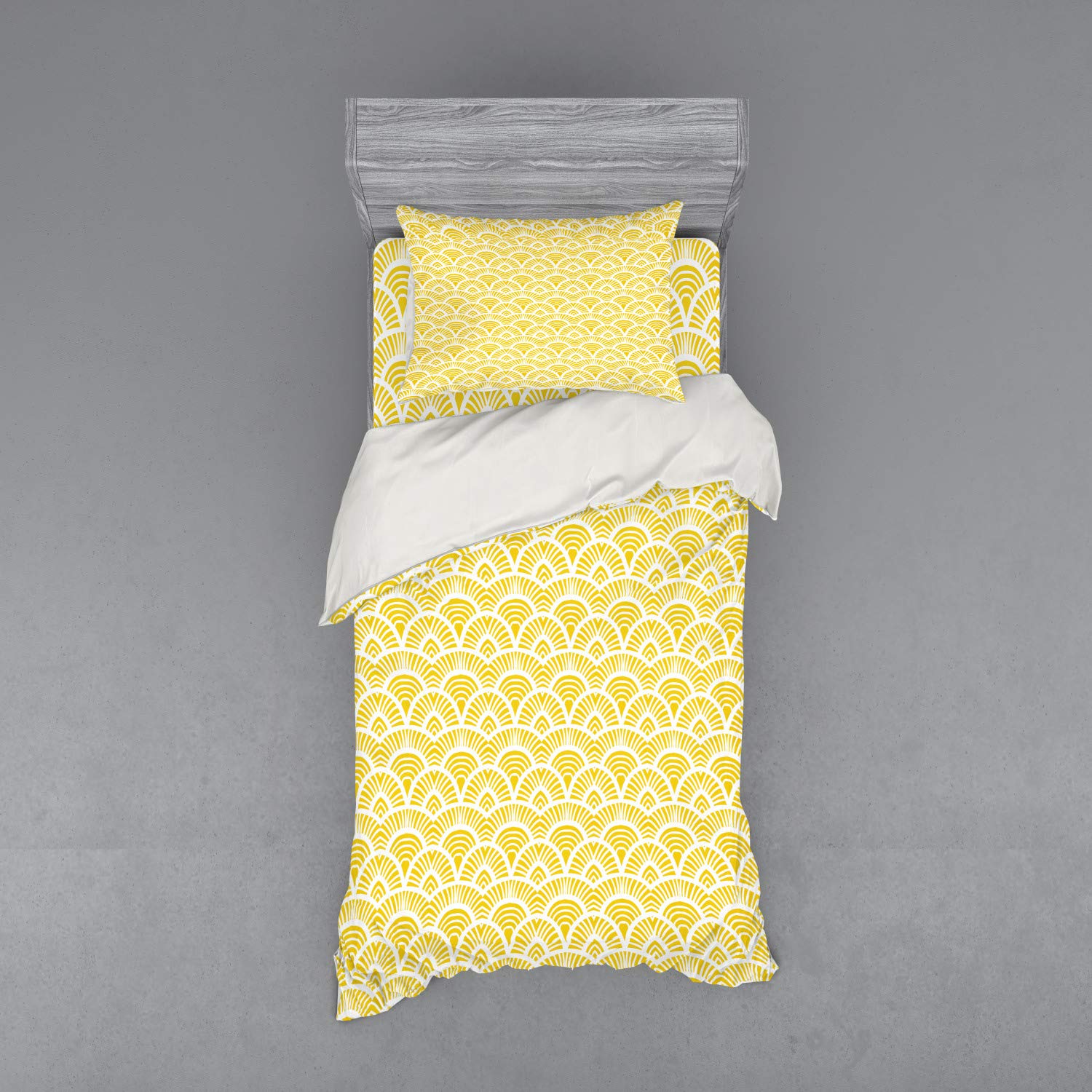 Ambesonne Vintage Hand-Drawn Yellow Oriental Geometric Duvet Cover Set - 3 Piece Twin XL with Sham & Fitted Sheet, Cream Yellow Bedding for Boho Chic & Vintage Style Bedrooms