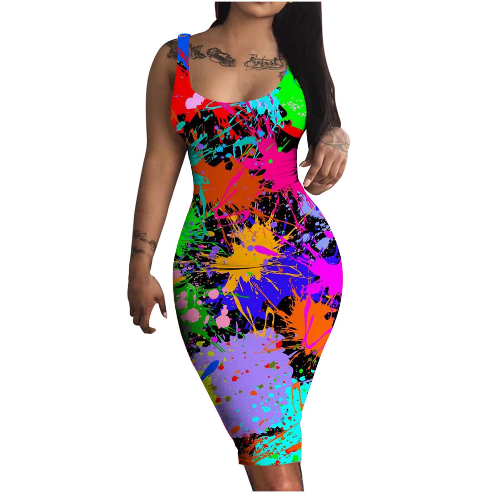 Maqroz Women's Summer Dresses - Sexy Floral Print Round Neck Sleeveless Bodycon Midi Dress | Casual Beachwear, Club Outfit & Vacation Sun Dress