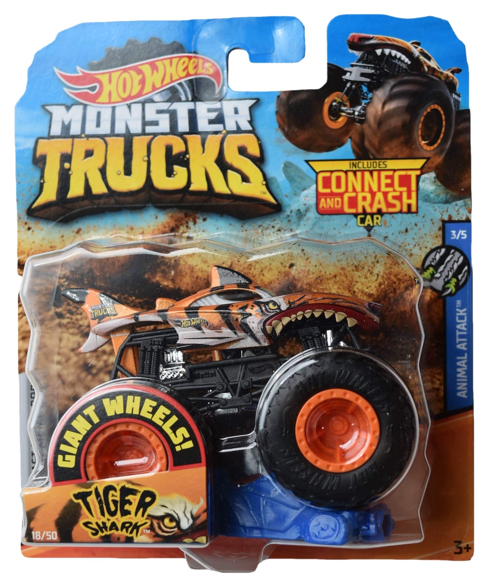 Hot Wheels Monster Trucks Tiger Shark 1:50 Scale Die-Cast Toy Car with Connect & Crash Feature - Collectible Vehicle for Kids & Adults - Perfect for Playtime, Display & Racing Scenes