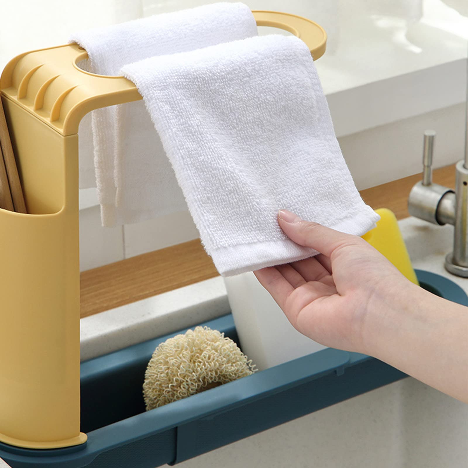 Retractable Sink Storage Rack with Hooks - Expandable Multi-Purpose Kitchen Sink Organizer for Brushes, Sponges & Utensils - Space-Saving Under Sink Storage Solution for Small Kitchens & Bathrooms