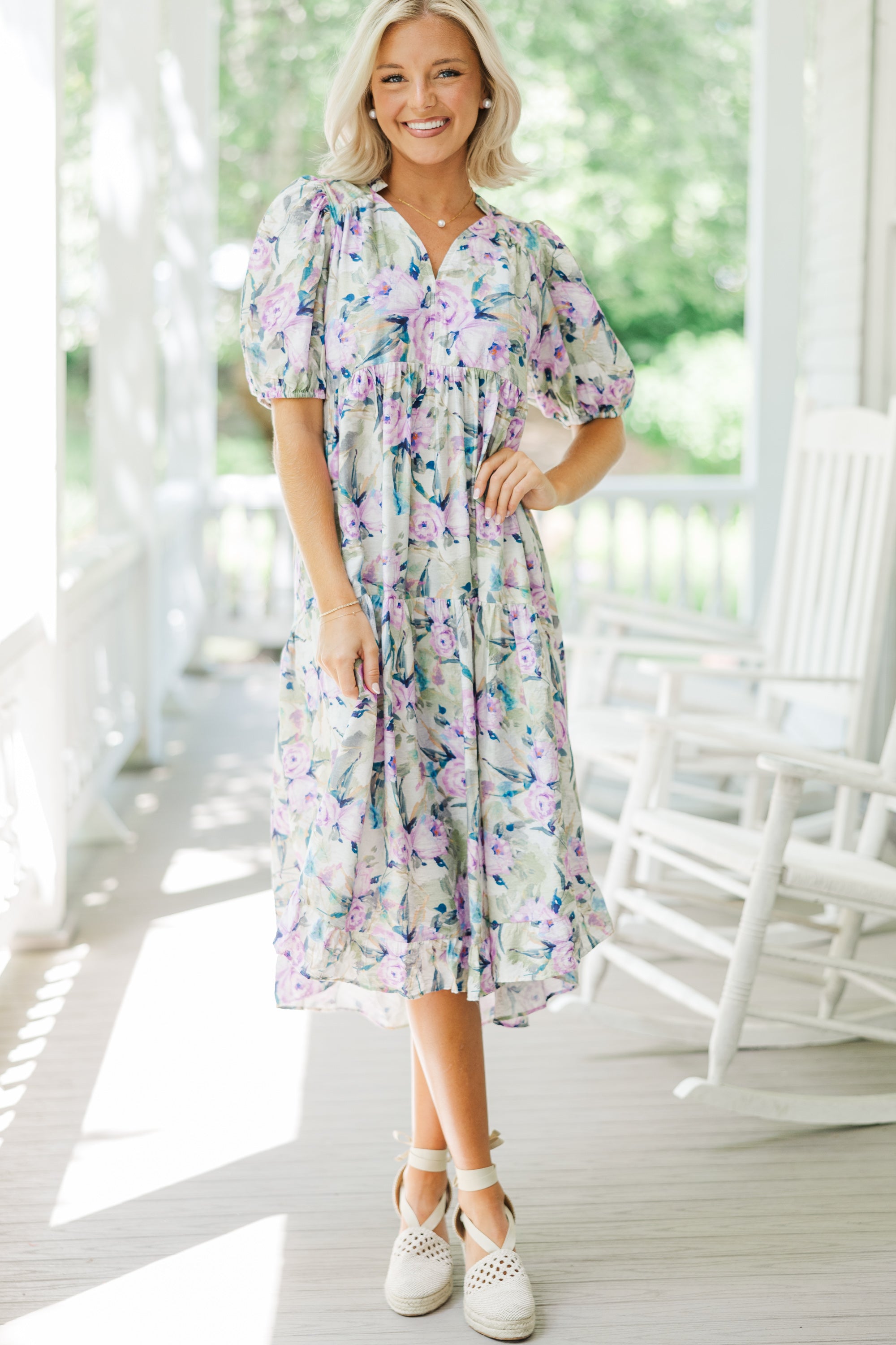 Lilac Purple Floral Midi Dress for Women - Elegant Summer Dress with Flowy Skirt & Comfortable Fit - Perfect for Garden Parties, Weddings & Date Nights