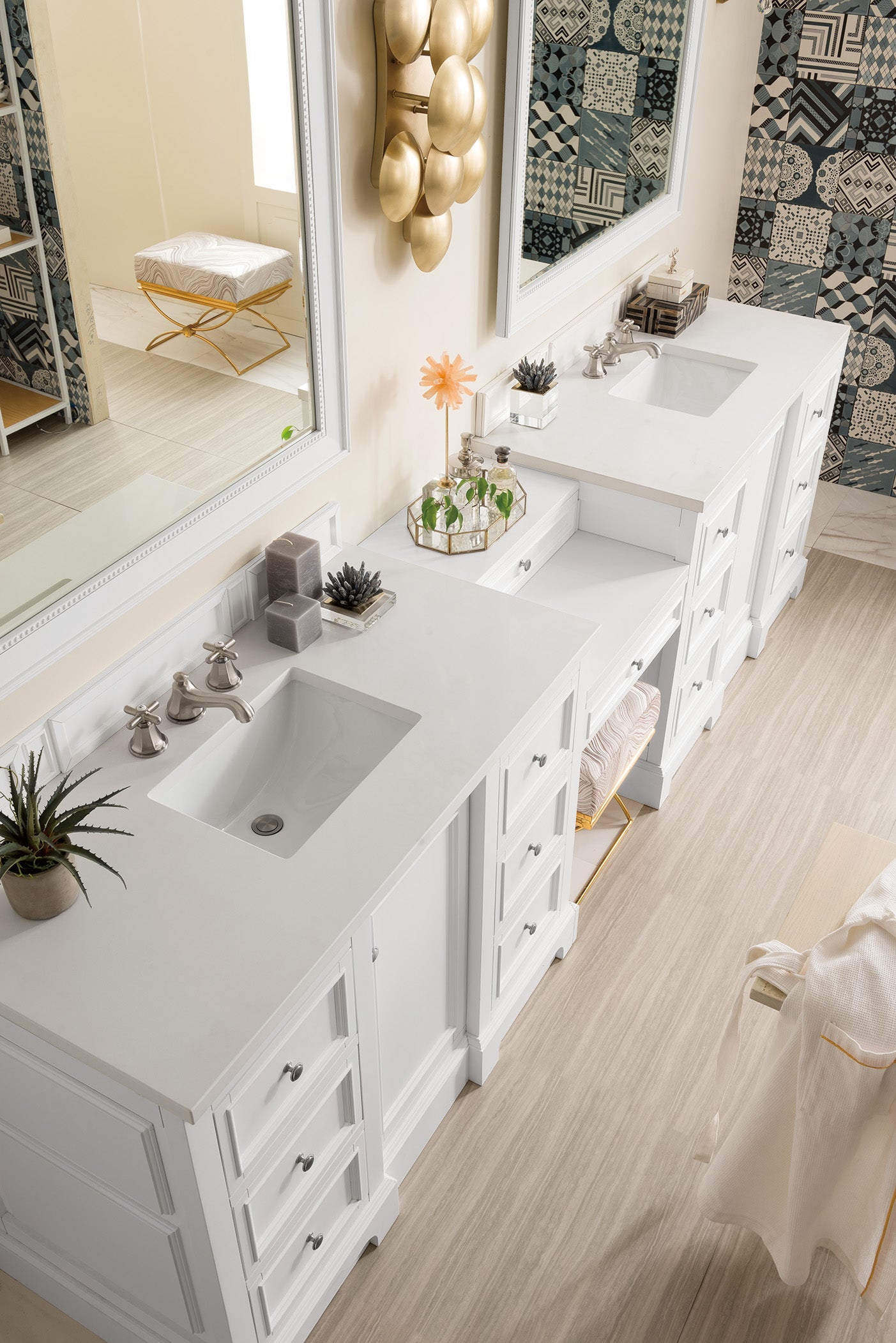 De Soto 118 Double Vanity Set with Makeup Table - Bright White Finish & 3CM Classic White Quartz Countertop | Perfect for Master Bathroom, Guest Bath, and Makeup Room Organization