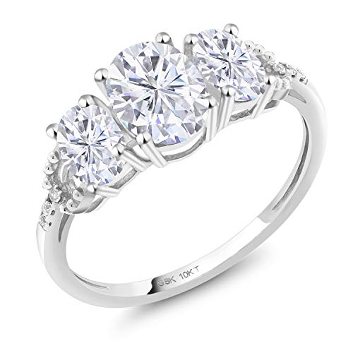 10K White Gold Oval White Moissanite & Diamond 3-Stone Engagement Ring for Women (1.92 CTTW, Size 5-9) - Elegant Wedding, Proposal & Anniversary Jewelry Gift
