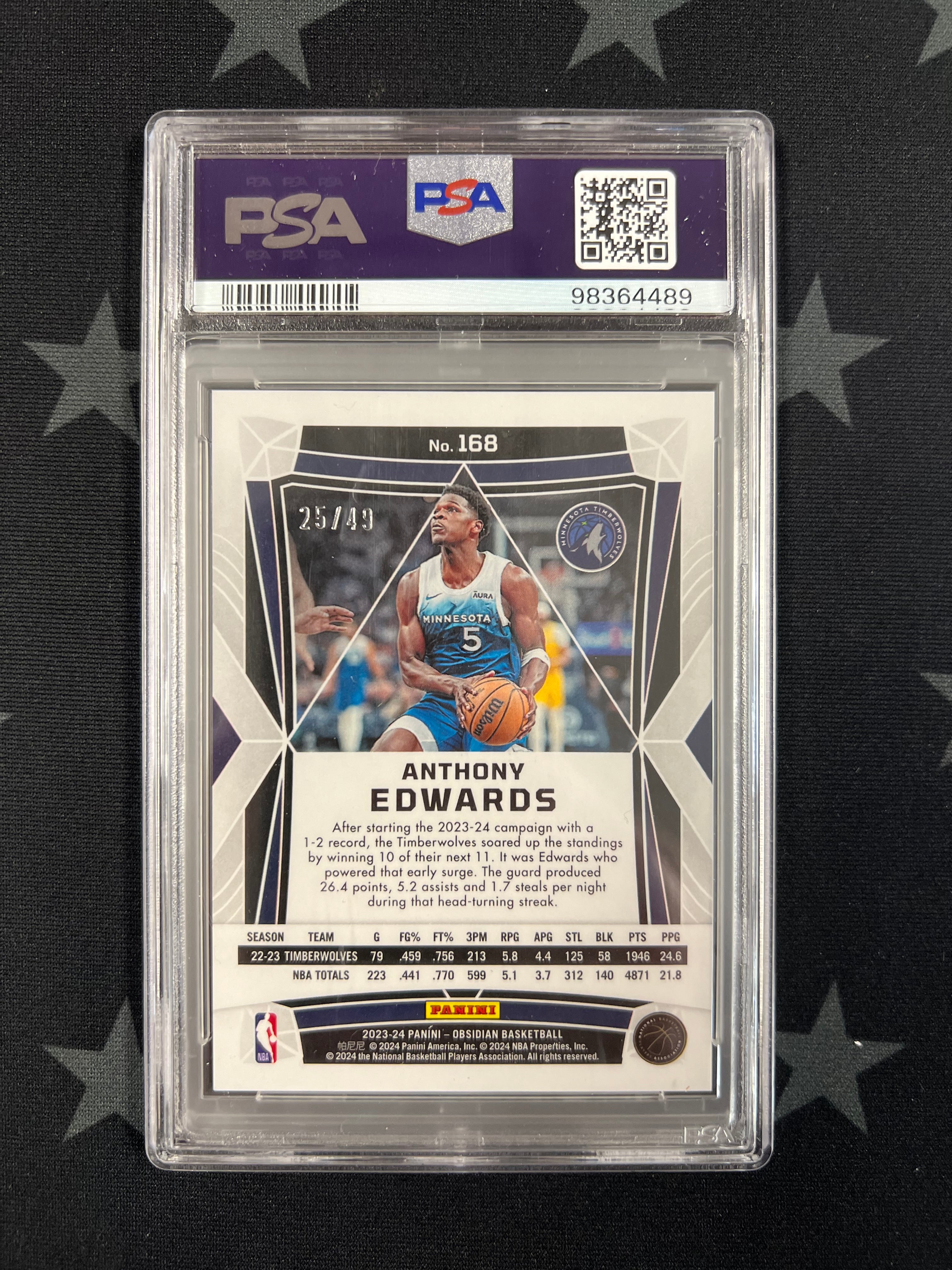 2023 Panini Obsidian Anthony Edwards Electric Etch Purple Flood #25/49 PSA 9 - Rare Basketball Trading Card for Collectors & Fans - Perfect for Display, Investment & Gifting