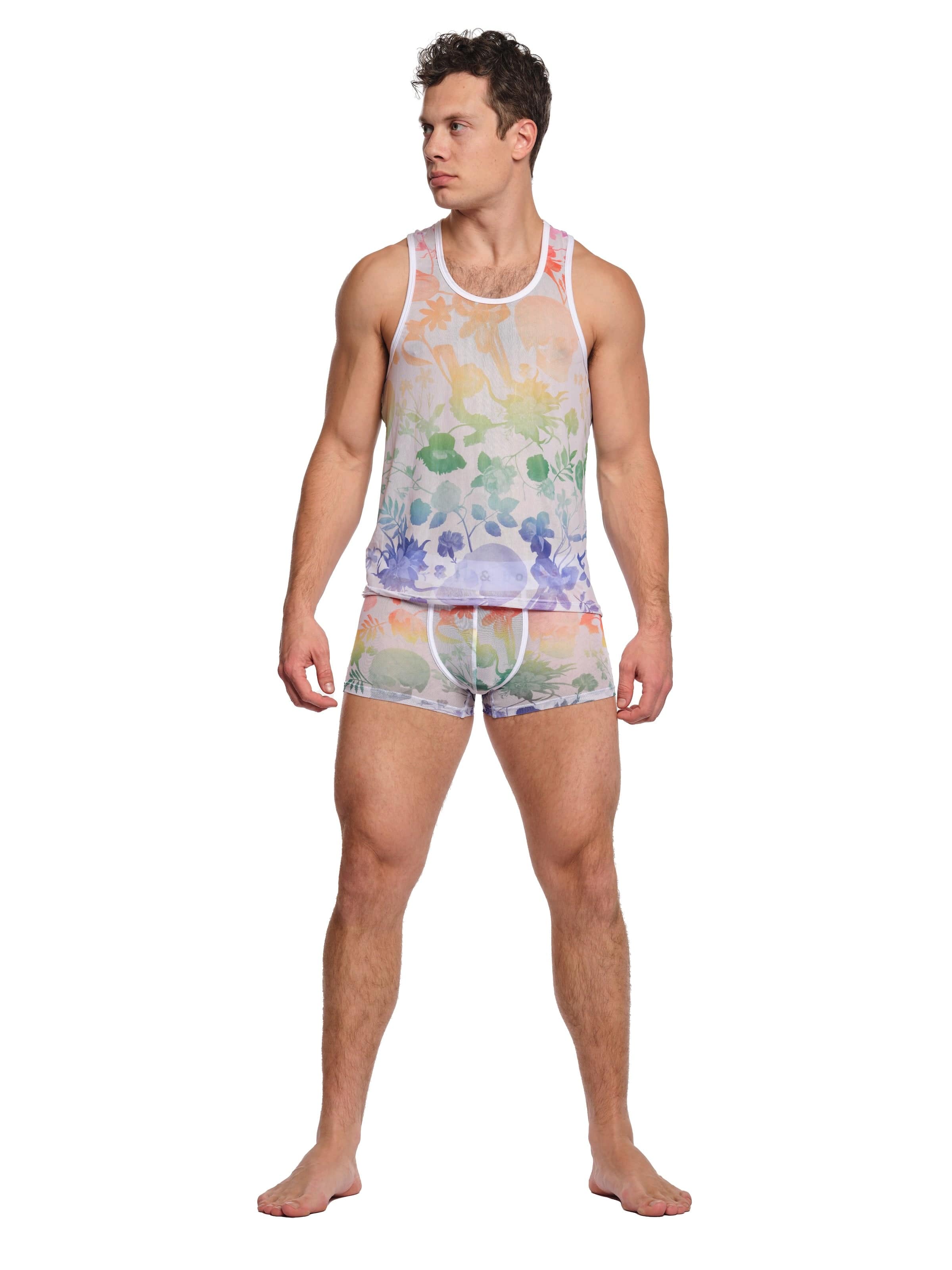 Rainbow Dutch Floral Mesh Tank Top - White Women's Summer Fashion Top for Beach, Party & Casual Wear