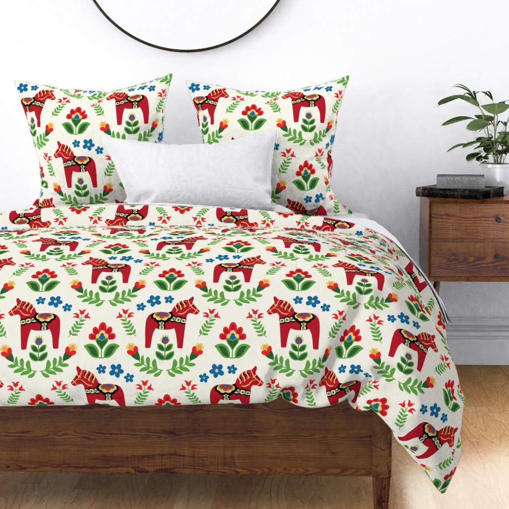 Premium Spoonflower Cotton Sateen Duvet Cover - Twin Size Swedish Folk Dala Horses Red Ethnic Scandinavian Print Custom Bedding | Perfect for Kids' Rooms, Guest Bedrooms & Boho Chic Home Decor
