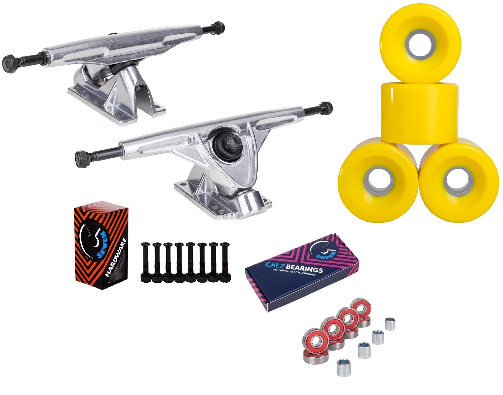 Cal 7 Silver 10.75 Inch Skateboard Trucks with Wheels & Bearings - Complete Skateboard Truck Set for Street & Park Skateboarding
