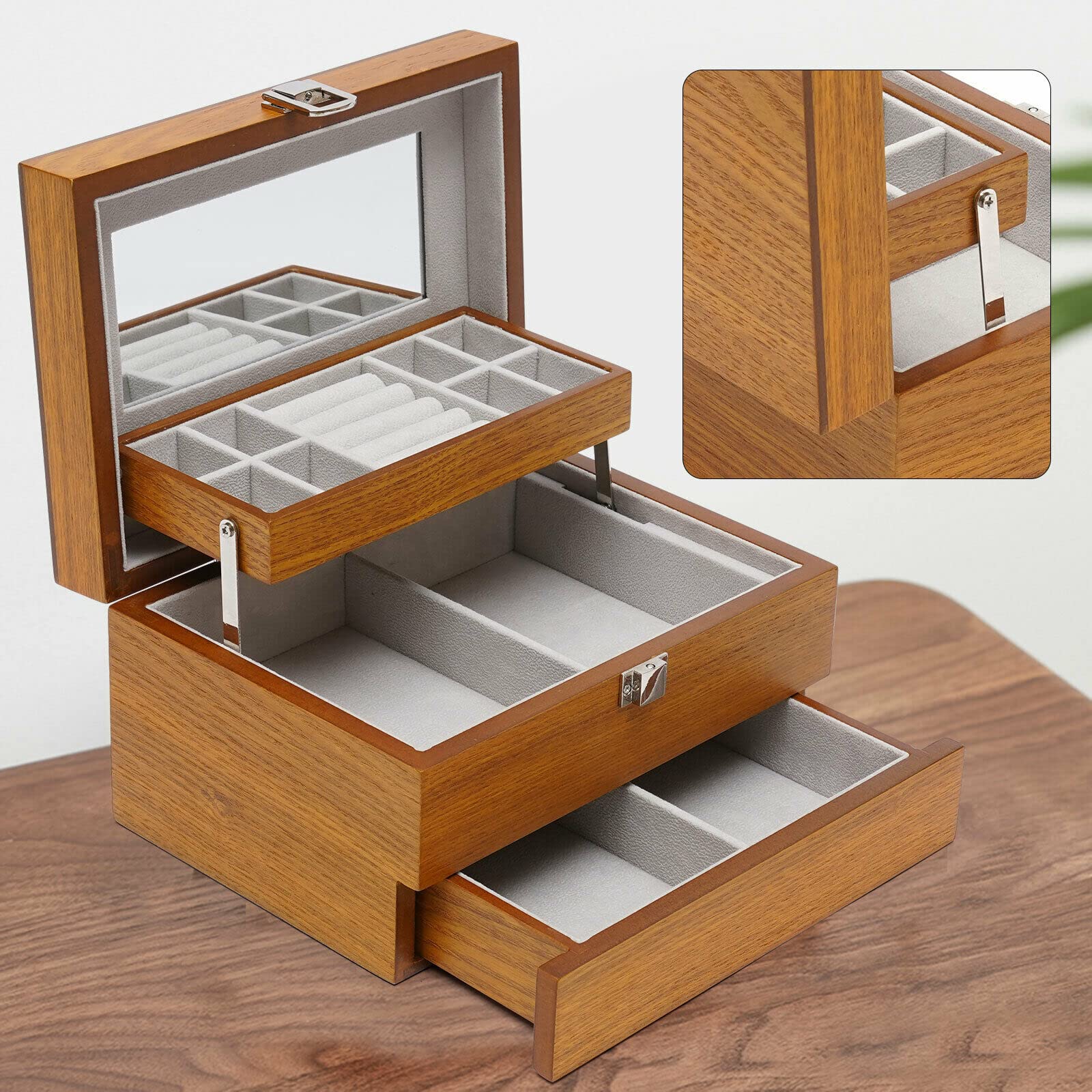 3-Layer Wooden Jewelry Storage Box with Mirror - Earring & Necklace Organizer for Women - Perfect for Travel, Home Vanity & Gift Giving