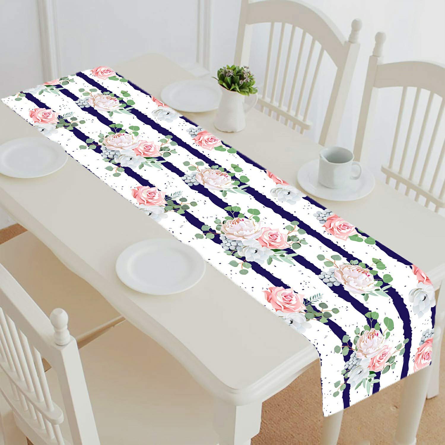 Elegant Striped Bouquets Rose Peony Anemone Brunia Flowers with Eucalyptus Leaves Table Runner - 16x72 Inch Wedding Party Dining Table Cloth for Home Decor, Holiday Dinner & Special Events | Perfect for Wedding Centerpieces, Christmas Decorations & Anniversary Celebrations