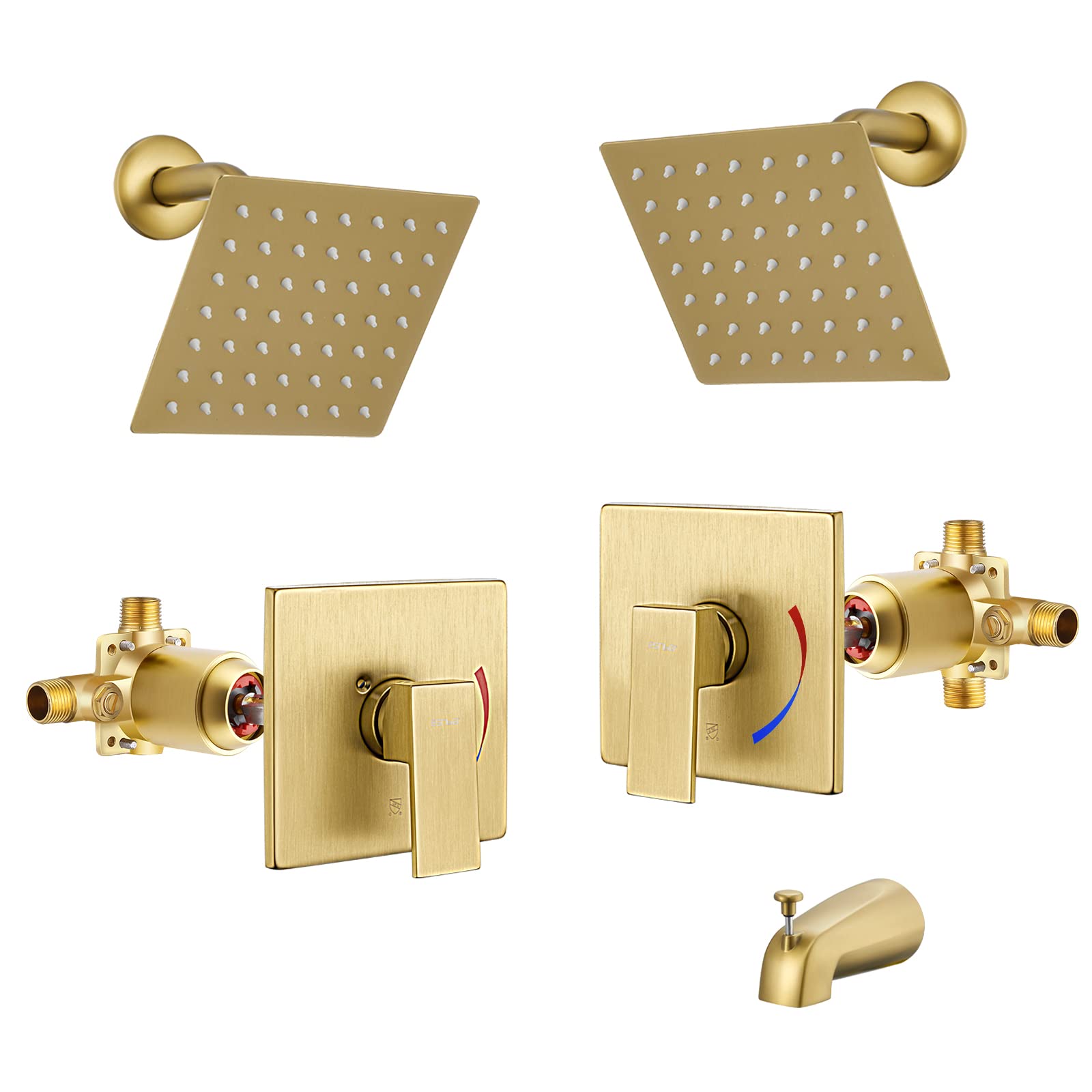 Esnbia Brushed Gold Shower and Tub Faucet Set with 6-Inch Rain Shower Head, Tub Spout & Valve - Single Handle Bathroom Fixture for Modern Home Renovation