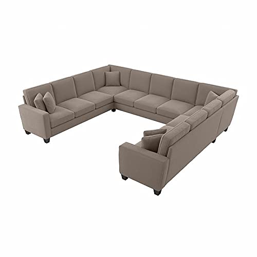 Pemberly Row 137W U-Shaped Sectional Sofa in Tan Microsuede Fabric - Modern L-Shaped Couch for Living Room, Family Room & Home Theater