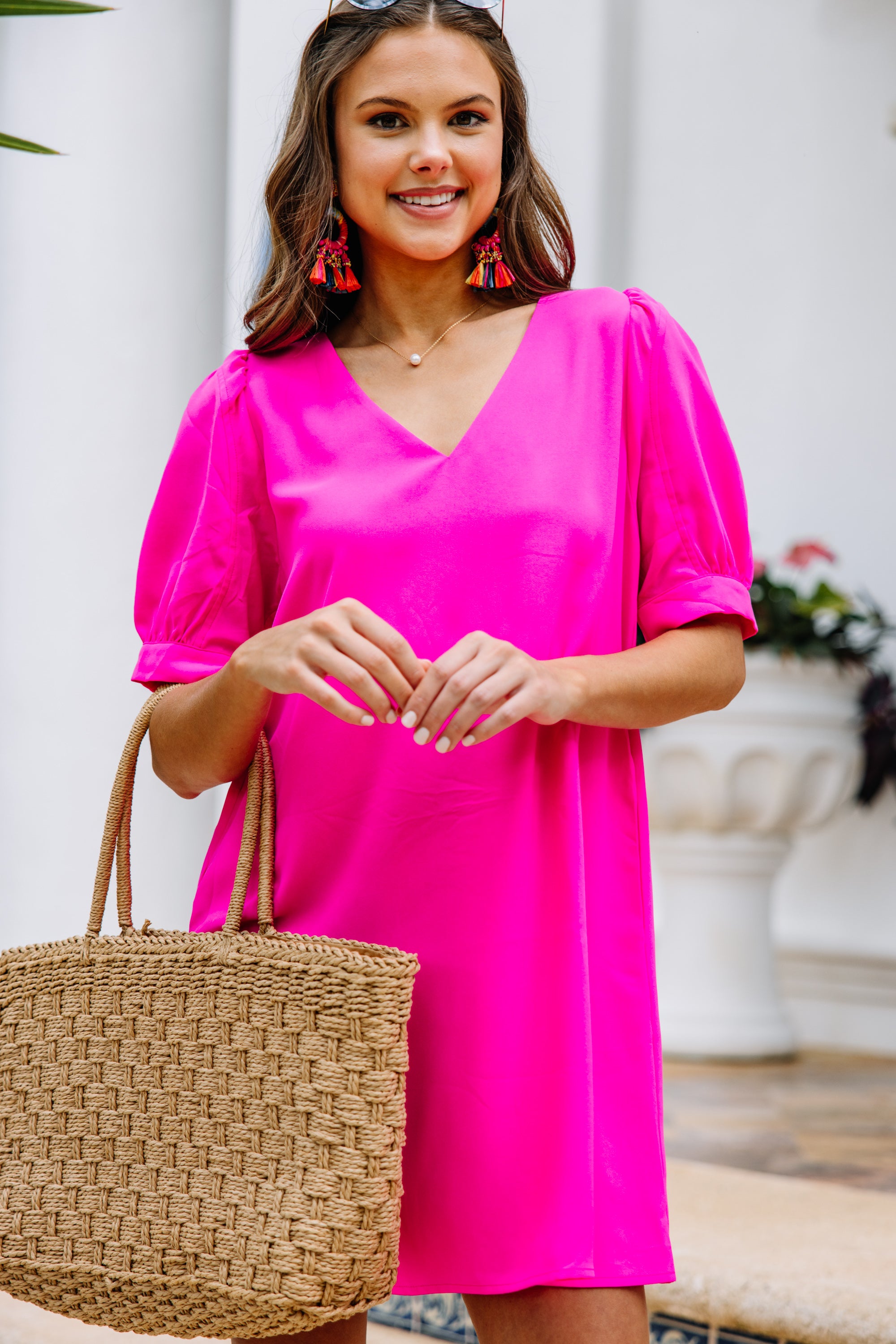 Fuchsia Pink Puff Sleeve Dress for Women - Elegant Party & Cocktail Attire | Perfect for Weddings, Date Nights & Special Occasions