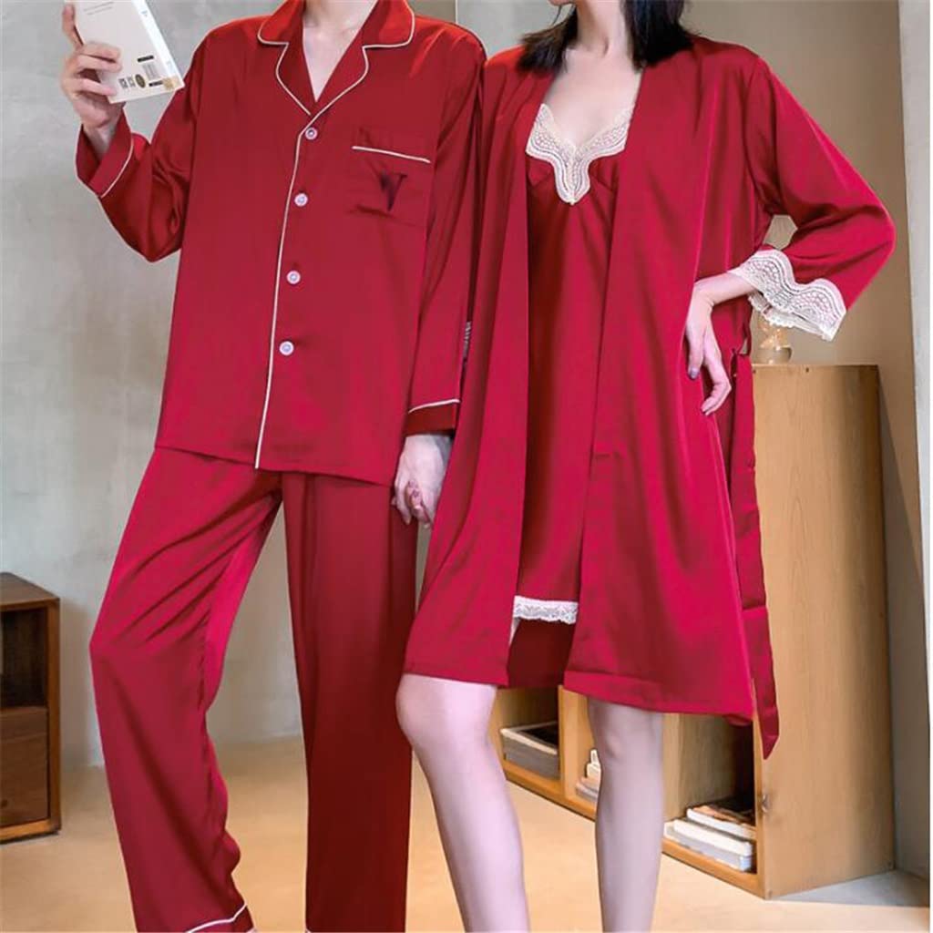 Sexy Long Sleeve Nightgown for Women - Summer Ice Silk Nightdress & Couple Pajama Set (Red, XXL) - Romantic Sleepwear for Couples & Comfortable Loungewear